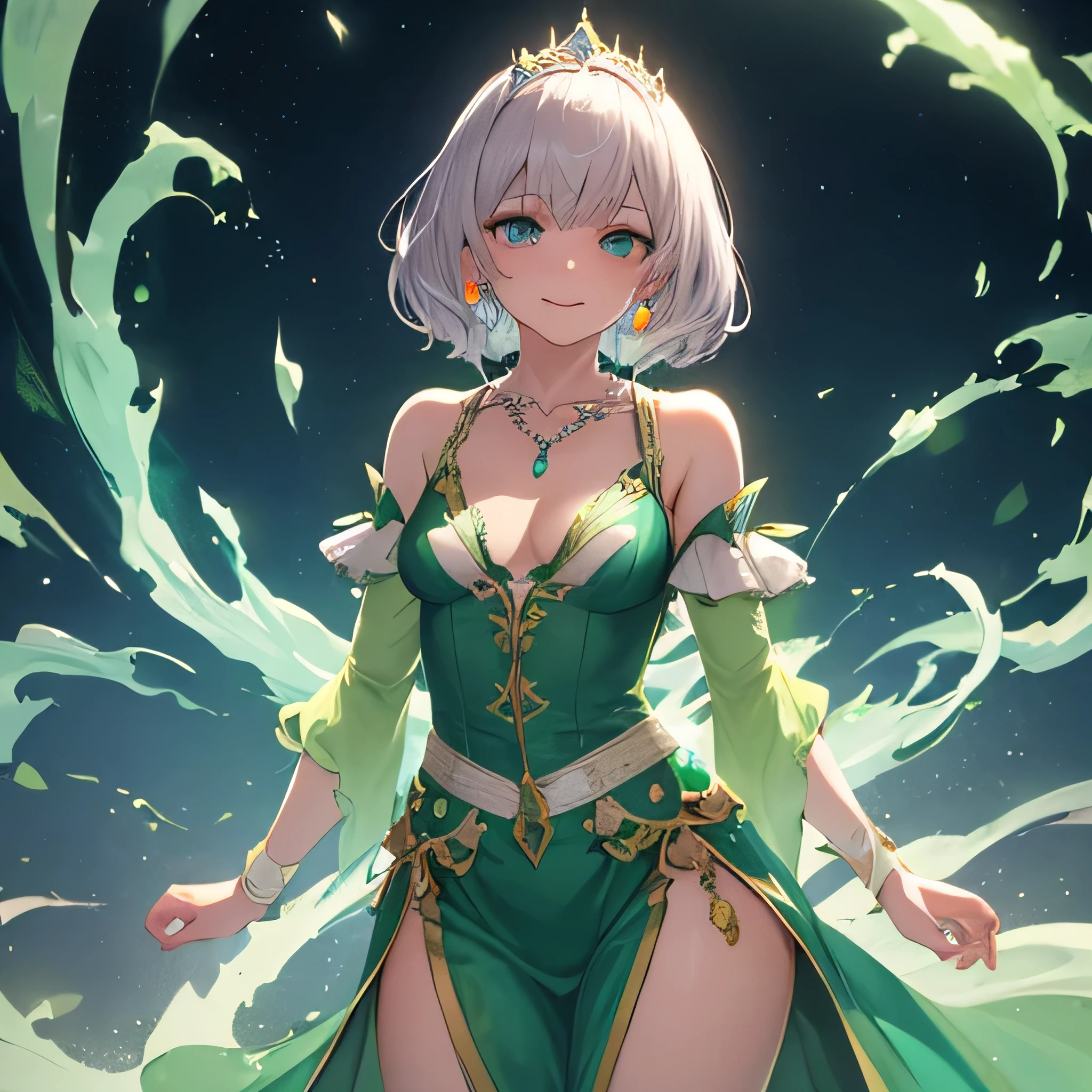 Princess, [pink hair:silver hair:0.4], short hair, Side braid, Wavy Hair, Tied Hair, break, green princess dress, break, small breasts, Cleavage, Princess tiara, Green Aqua Eyes, break, Earrings, necklace, light smile, UHD, masterpiece, textured skin, high details, alone, Cowboy Shot, standing