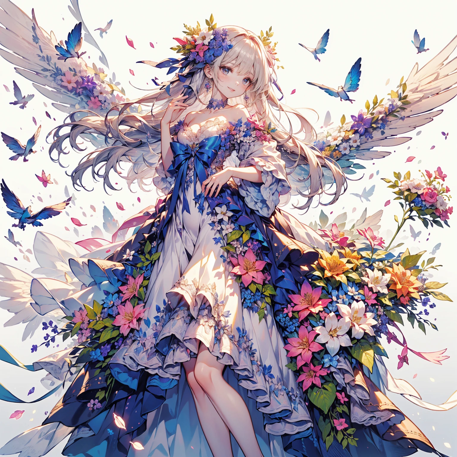 (highest quality, masterpiece, Very detailed, Very detailed, Exquisite, 16k,Full HD),A little closer,Golden Ratio,Dramatic lighting,pastel colour,looks happy,fly in the sky,Soft lighting, ((alone:1.5)),(blue sky,morning sky,sunny),Magical Forest,flower,wood,flower畑,葉っぱとflowerびらが舞う,From above,((head shot)),画面いっぱいのflower,(Fairy Princess, Purple eyes, Long eyelashes,White skin,slim,pale pink plump lips,Pale pink cheeks, The wind is blowing,blonde,thin and long,(thin and high nose,Small Nose),(腰の少しFrom above巨大な妖精の羽),flowerの魔法,flowerのティアラ,diamond earrings,Diamond Choker,(flowerびらをモチーフにしたflower付きホワイトボールガウンドレス, flowerが飾られたドレス,lace and ruffles),(smile:1.2), (Fantasy, Romantic atmosphere),