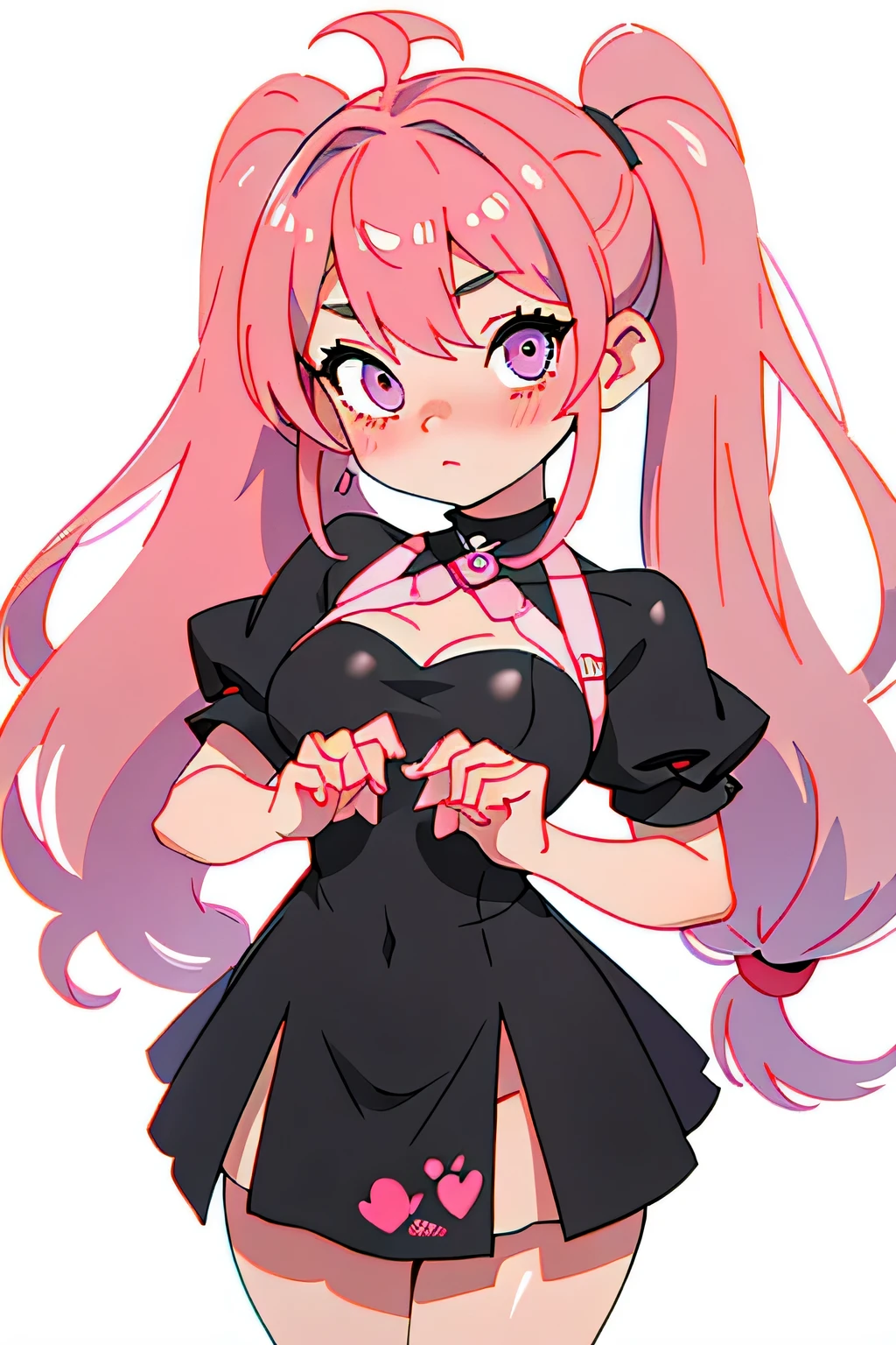 Twin tails、Heart Pupil、Black mini dress、big breasts、highest quality、masterpiece、High resolution、Intricate details、Pink Hair、heart hole in the chest、