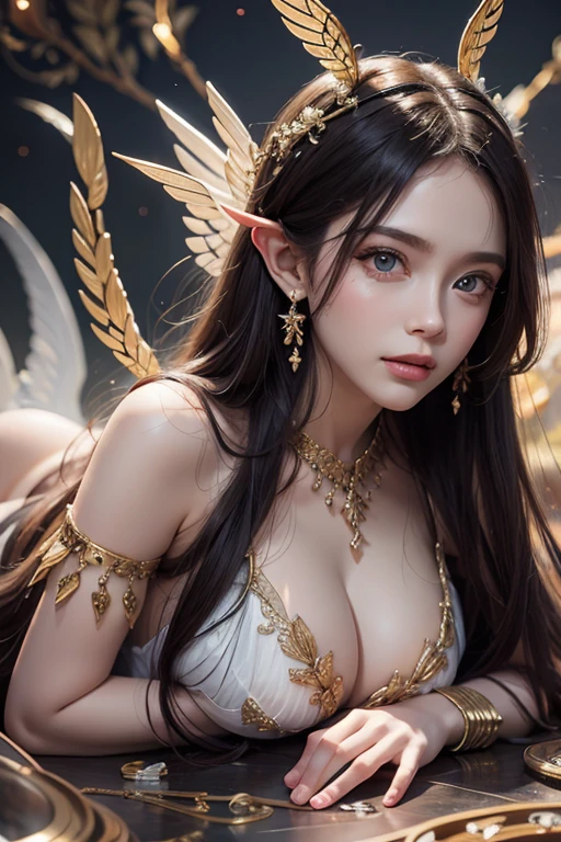 Beautiful Valkyrie,(best qualtiy,hyper HD, Masterpiece, 16k),Goose egg face,largeeyes,long eyelasher,There are precious stones on the forehead,Exquisite(live-action realistic style),Star-like eyes,Ultimate face,Photorealistic light and shadow,Clear facial features,Milky white skin,Fair skin, highdetailskin,Realistic skin details,Visible Pore,(Super detail), body,Carmelto, full bodyesbian,She wears long loose black hair and reaches her waist,(hair flowing), Smoothness,Huge wings,Crystal wings,(Super detail),Wear a transparent silk cardigan dress,Beautifully decorated,((dynamicposes),sat on the ground,Legs slightly open),Be red in the face,((Dynamic background((Red lightning)),Fantasy space,Luxurious space,NSFW:1.07