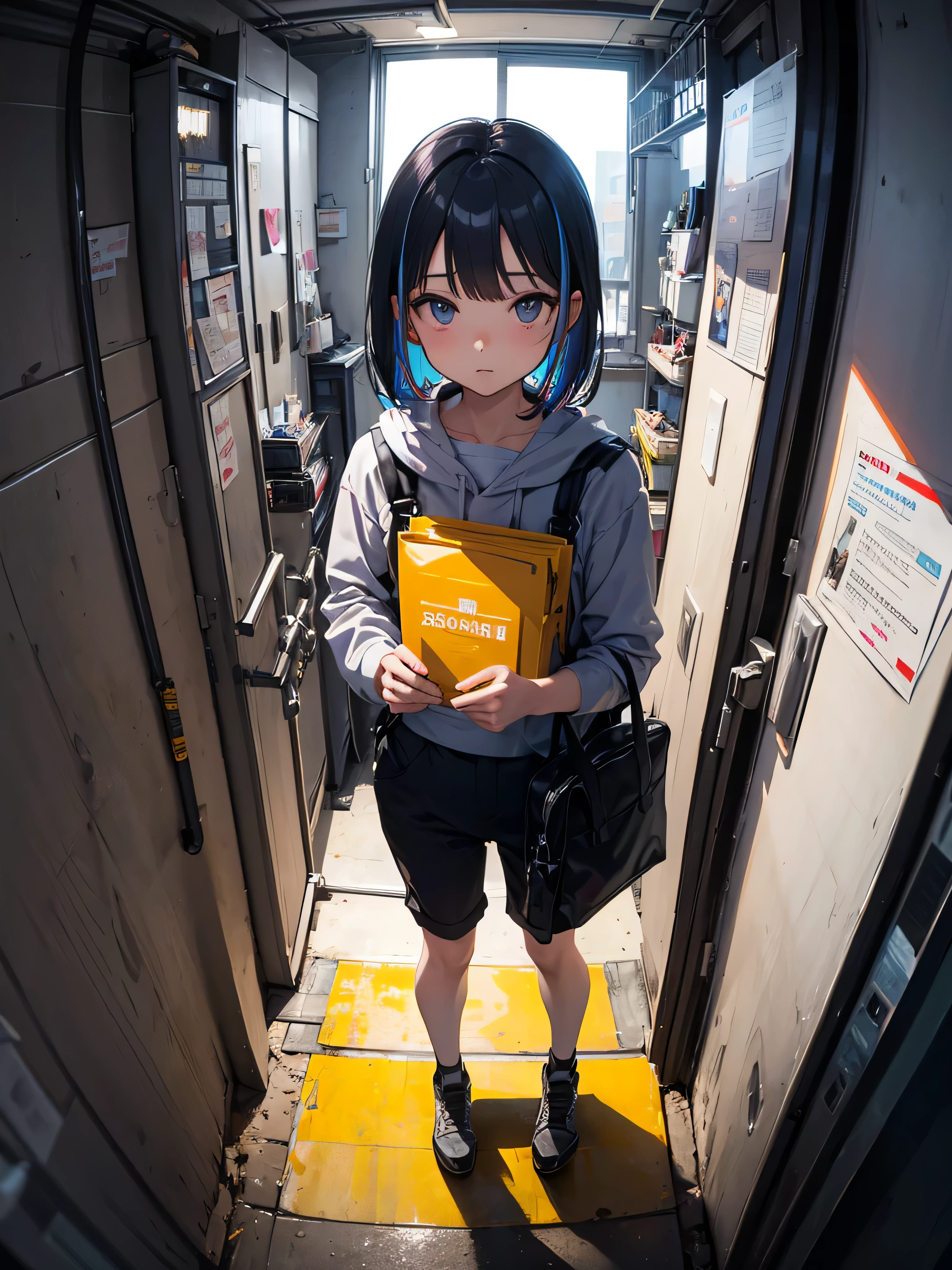 (masterpiece, highest quality), (colorful:1.4), From above, alone, A girl standing inside a nuclear power plant。There is a radiation sign in the background、Carrying a bag containing safety equipment。, Depth of written boundary, Fisheye Lens
