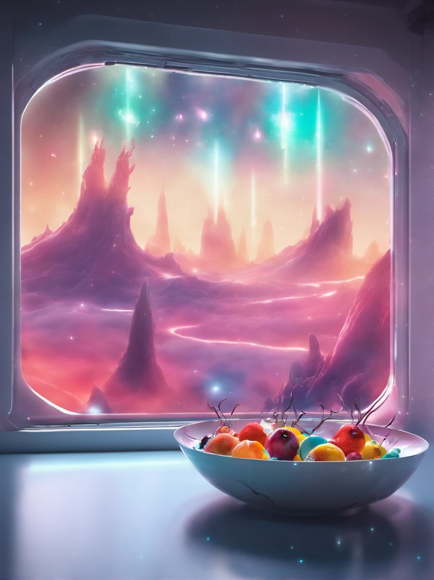 Colorful alien fruit with spikes in a bowl on a futuristic white table, in a futuristic apartment with a large window on the 100th floor, Fliegende Fahrzeuge fliegen am Fenster vorbei