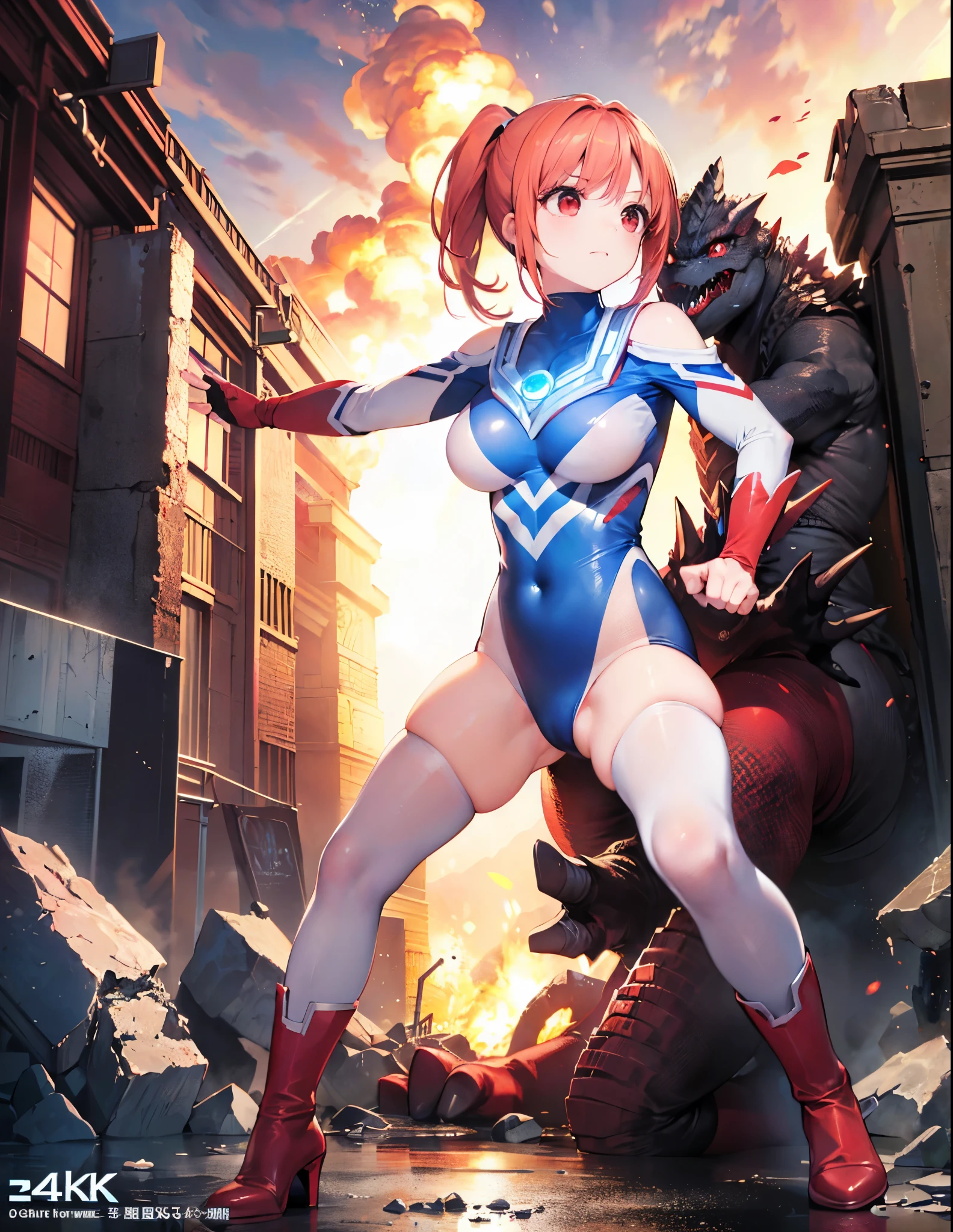 Realistic,highest quality, Ultra Detail, High-quality CG rendering, The most delicate and beautiful, Floating softly, High resolution, (One giant woman), (Highest quality,4K,8K,masterpiece:1.2),(All red hair:1.5),(Short ponytail:1.5),(Red eyes:1.5), Ultraman,(ultra girl :1.0), (赤いUltramanボディスーツ:1.4),Slightly larger breasts,Red gloves,Red Shoes,(Go wild :1.0), whole body, (Fighting stance), ((dynamic), be familiar with fingers, be familiar with hands, be familiar with face), Everything is complicated, Godzilla (attack :1.2), (Fighting monsters, battle with monsters, fighting), be familiar with (Ruined buildings) behind, outside,The city is engulfed in flames,