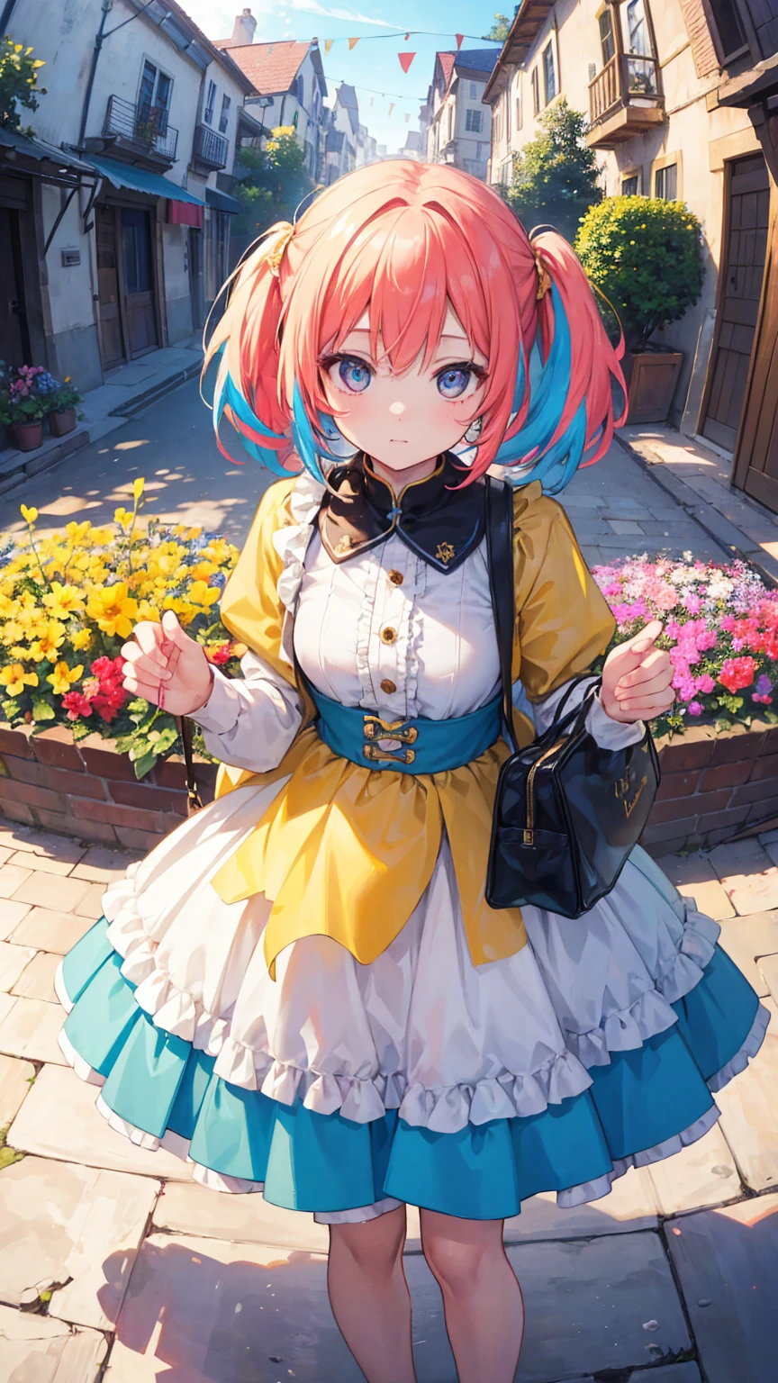 (masterpiece, best quality), (colorful:1.4), from above, solo, 1girl standing in a village square with a spinning wheel and a bag of golden thread, depth of field, fisheye lens