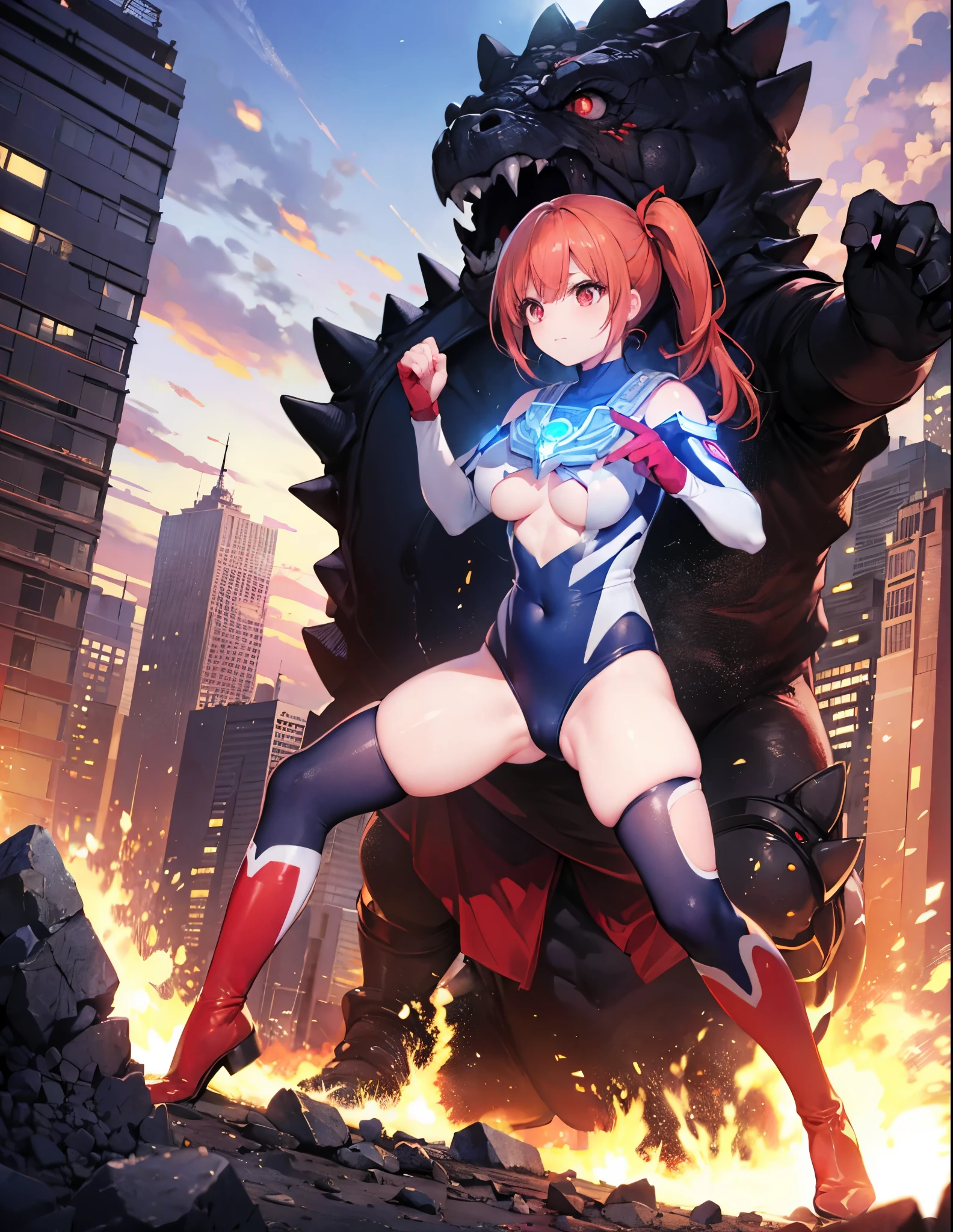 Realistic,highest quality, Ultra Detail, High-quality CG rendering, The most delicate and beautiful, Floating softly, High resolution, (One giant woman), (Highest quality,4K,8K,masterpiece:1.2),(All red hair:1.5),(Short ponytail:1.5),(Red eyes:1.5), Ultraman,(ultra girl :1.0), (赤いUltramanボディスーツ:1.4),Slightly larger breasts,Red gloves,Red Shoes,(Go wild :1.0), whole body, (Fighting stance), ((dynamic), be familiar with fingers, be familiar with hands, be familiar with face), Everything is complicated, Godzilla (attack :1.2), (Fighting monsters, battle with monsters, fighting), be familiar with (Ruined buildings) behind, outside,The city is engulfed in flames,