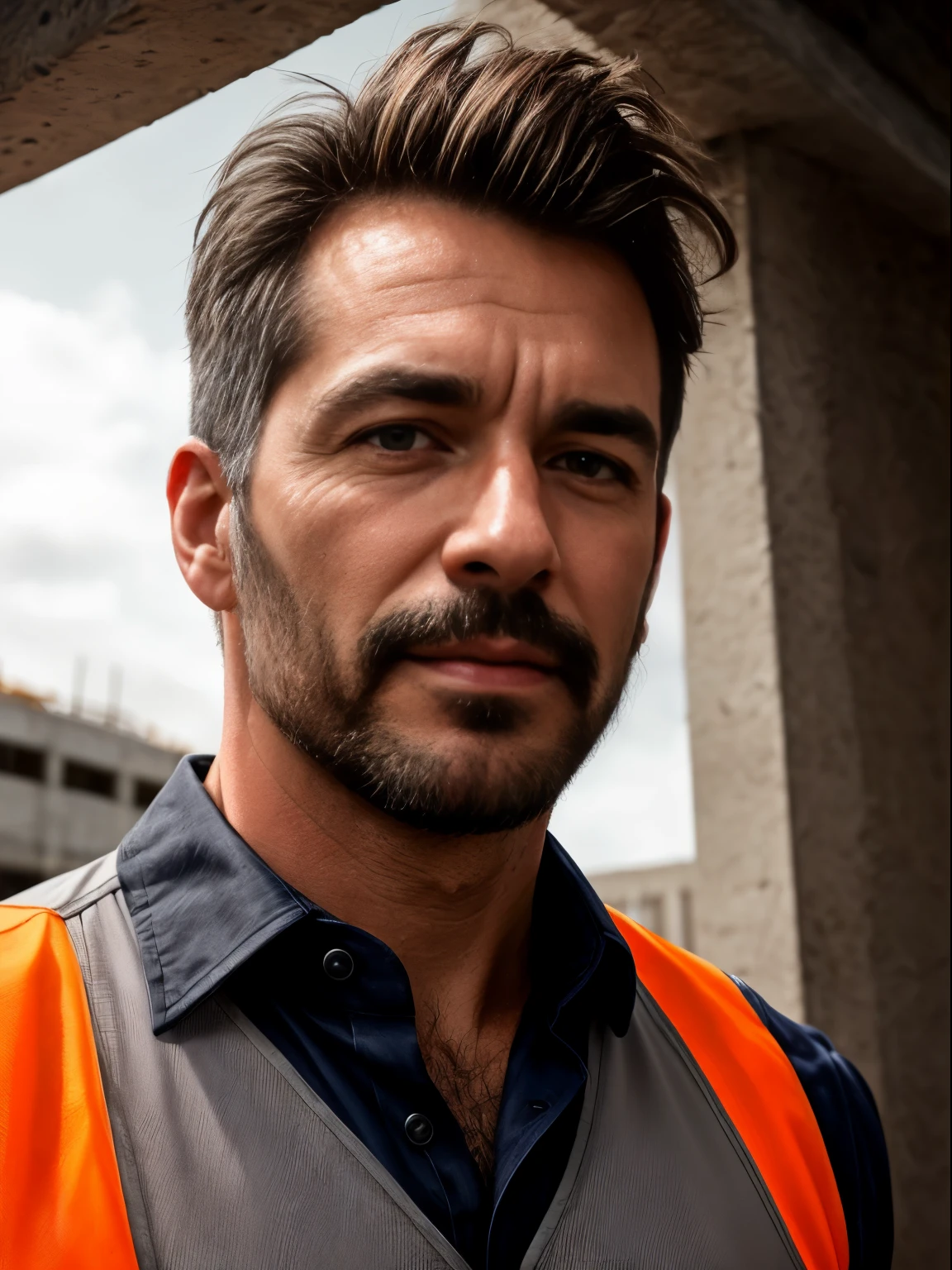 masterpiece, best quality, high resolution, closeup portrait, male focus, solo focus, A man, 50 years old, with construction worker uniform, unbuttoned work clothes, construction worker, silver grey hair, messy hairstyle, cute and seductive face, bare chest, body hair, facial hair, roman nose, very skinny body, hairy legs, dimples, beard, bold jawline , in the background a construction site, orange vest, gay , scruffy, erotic, view from below, amazing composition, front view, HDR, ultra quality, elegant, highly detailed