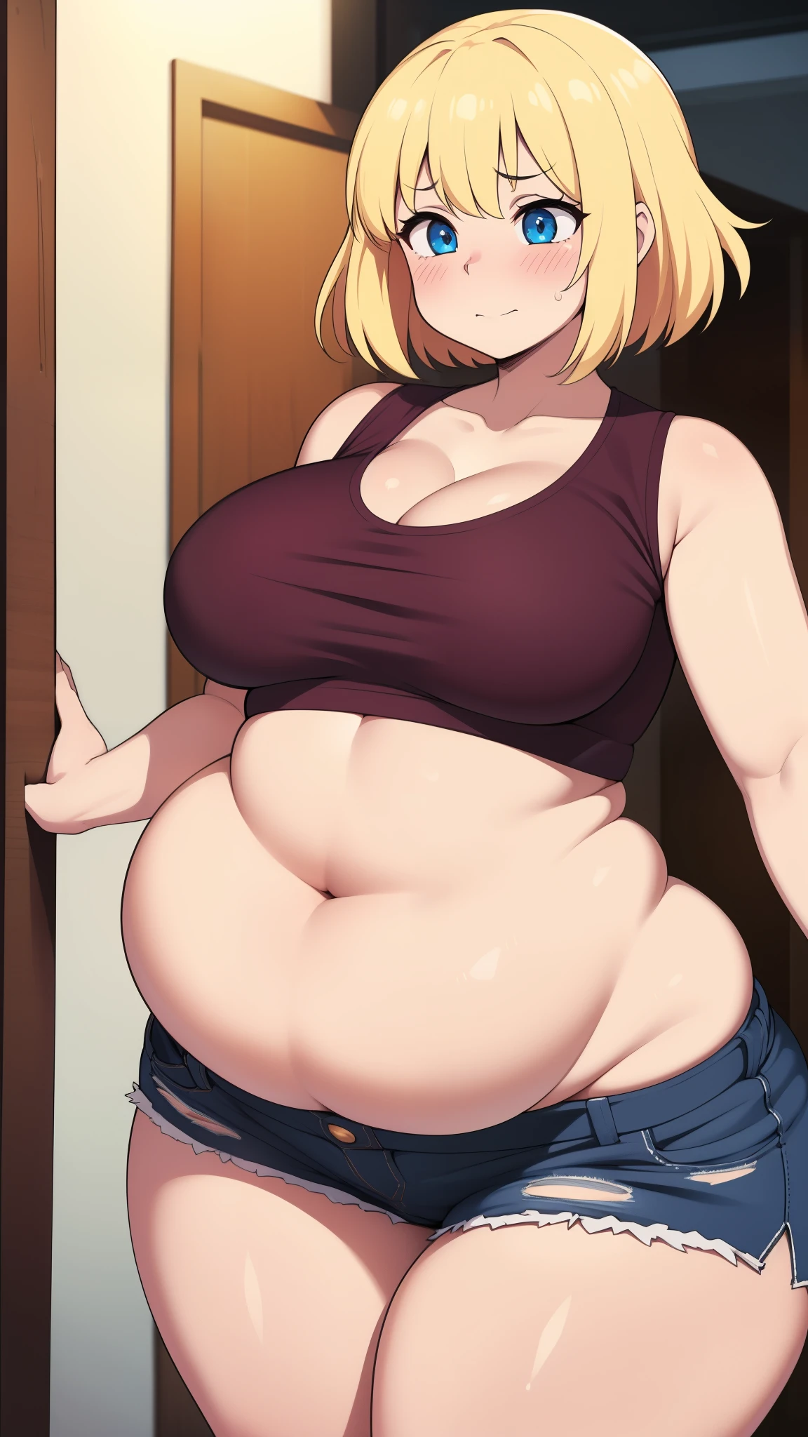 ((highres)), Masterpiece, high quality, best quality, beautiful, perfect lighting, detailed face, ultra cute face, ((1girl)), ((solo)), ((blush)), embarrassment, blonde hair, fluffy hair, blue eyes, crop top and shorts, tight clothes, clothes store, medium breasts, cleavage, perky breasts, (wide hips), ((thick thighs)), (chubby), fat folds, belly hang, 