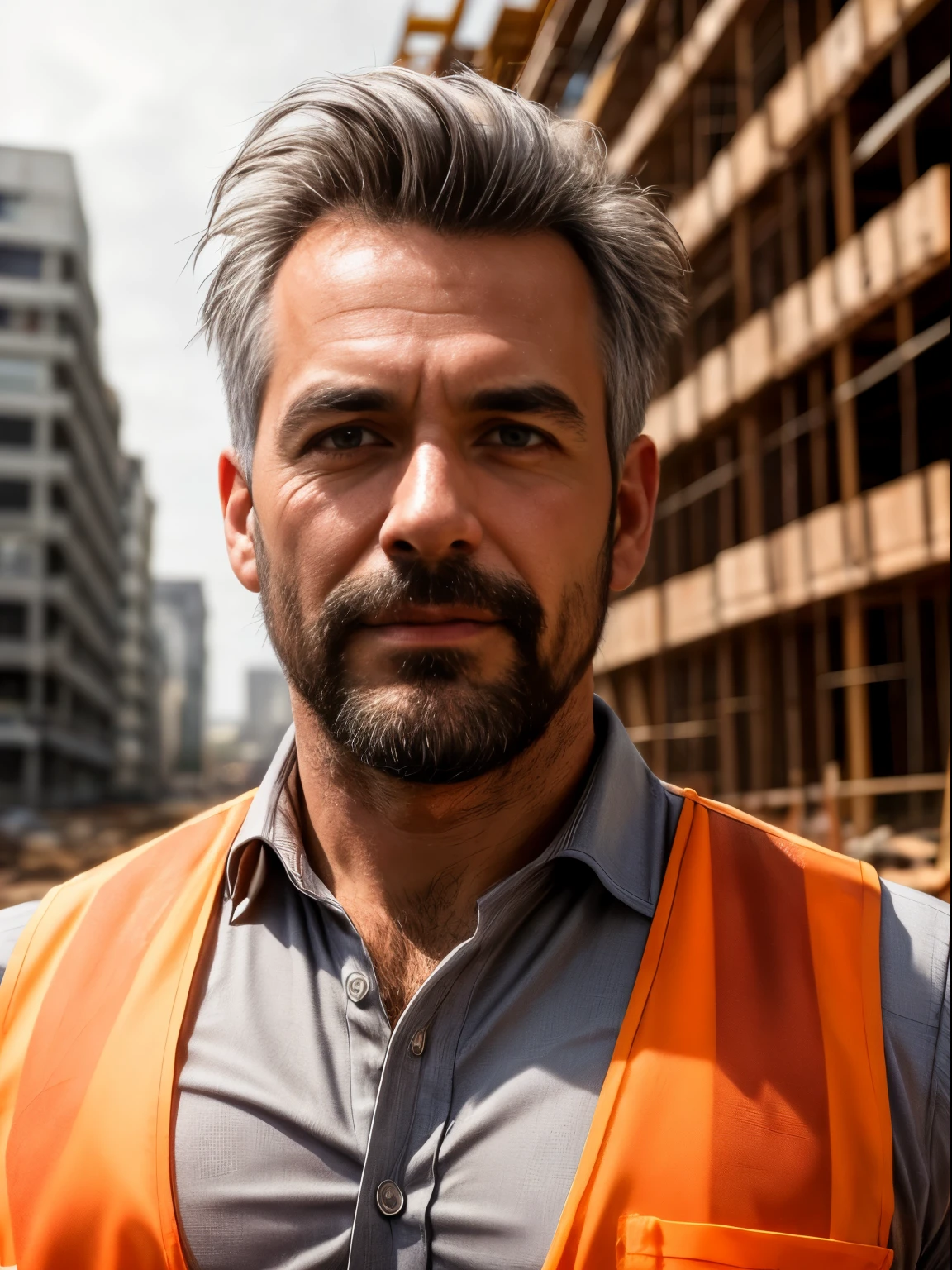 masterpiece, best quality, high resolution, closeup portrait, male focus, solo focus, A man, 50 years old, with construction worker uniform, unbuttoned work clothes, construction worker, silver grey hair, messy hairstyle, cute and seductive face, bare chest, body hair, facial hair, roman nose, very skinny body, hairy legs, dimples, beard, bold jawline , in the background a construction site, orange vest, gay , scruffy, erotic, view from below, amazing composition, front view, HDR, ultra quality, elegant, highly detailed