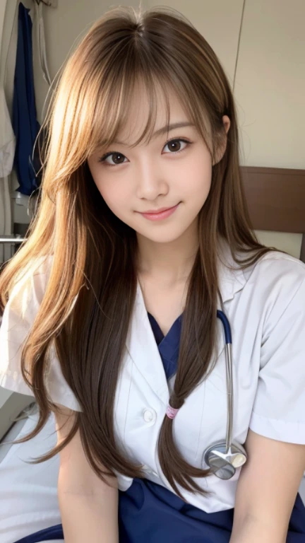 (Medium Chest)、Sexy cute looks and cute beautiful girl, Beautiful and sexy face、A strong wind blows my hair in front of my face、Beautiful blonde with cute long straight hair, Sexy eyes hidden behind long bangs,slightly dark skin, height: 156cm,troubled eyes,((Slightly droopy eyes)),(((whole body))),((nurse)),(Navy blue nurse clothes),Cute smile,lie in a hospital bed,Lying on your back,Bend and open your legs,