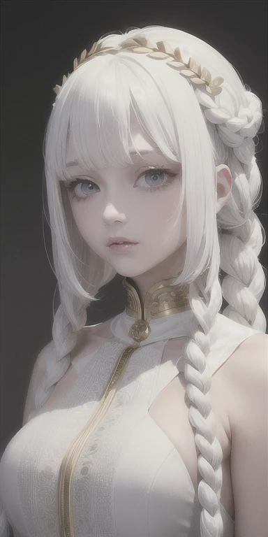 best quality, masterpiece,white hair, Golden Eyes,White clothes, look up, Upper Body,hair,White skin,Side braids