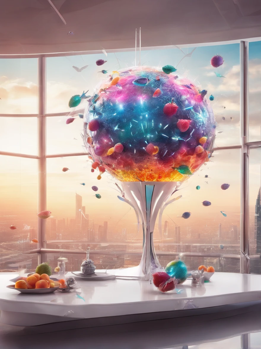 Colorful alien fruit with spikes in a bowl on a futuristic white table, in a futuristic apartment with a large window on the 100th floor, Fliegende Fahrzeuge fliegen am Fenster vorbei