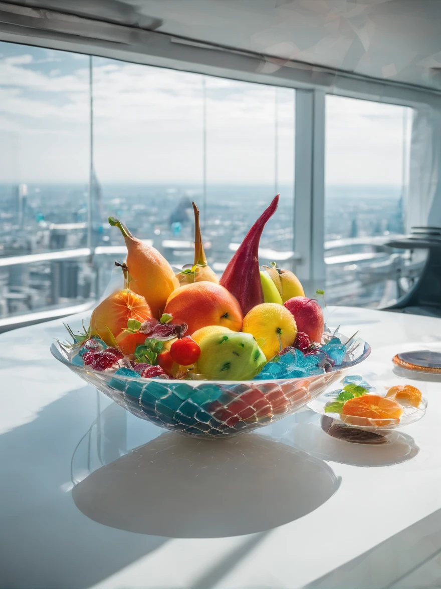 Colorful alien fruit with spikes in a bowl on a futuristic white table, in a futuristic apartment with a large window on the 100th floor, Fliegende Fahrzeuge fliegen am Fenster vorbei