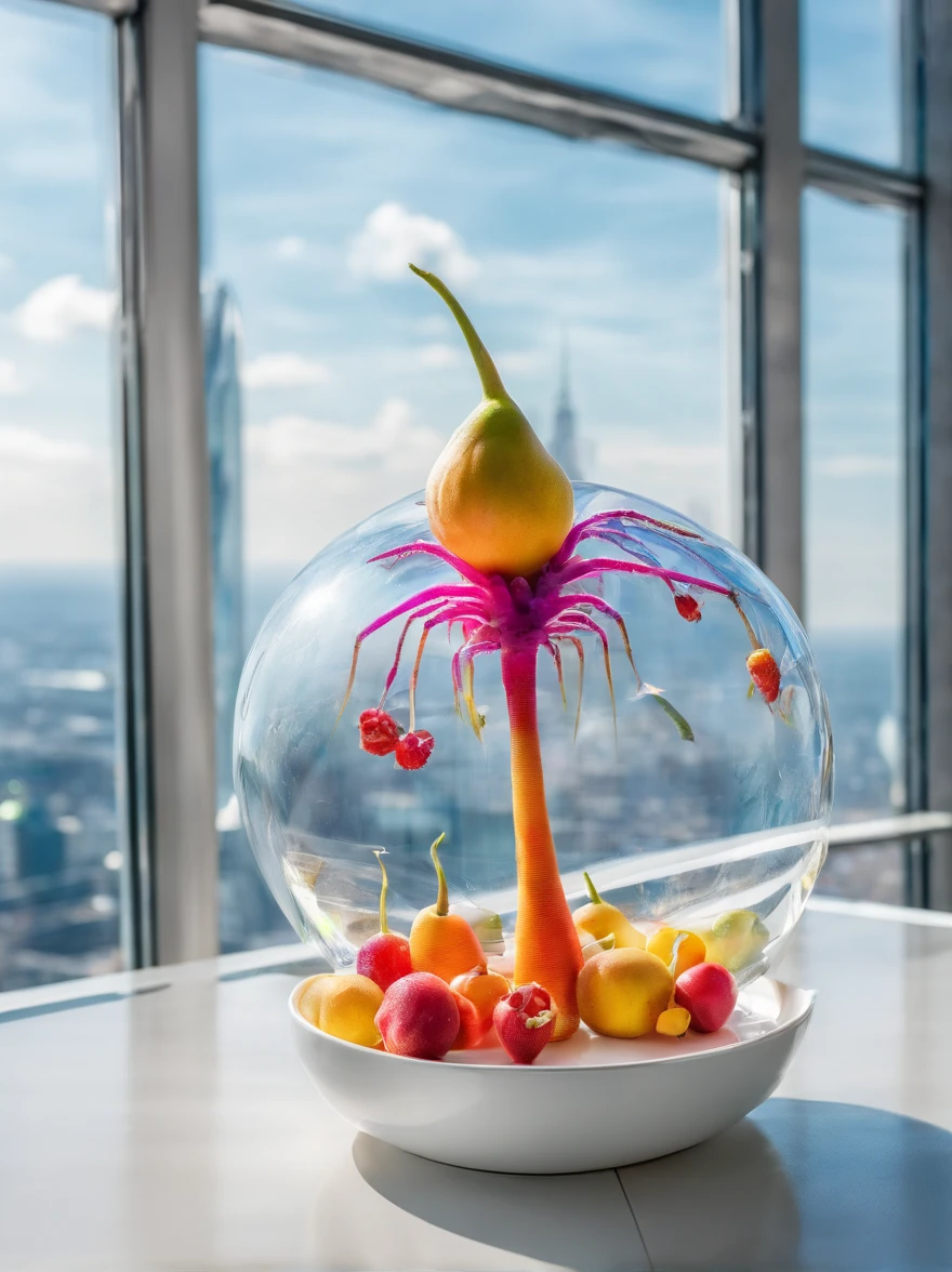 Colorful alien fruit with spikes in a bowl on a futuristic white table, in a futuristic apartment with a large window on the 100th floor, Fliegende Fahrzeuge fliegen am Fenster vorbei