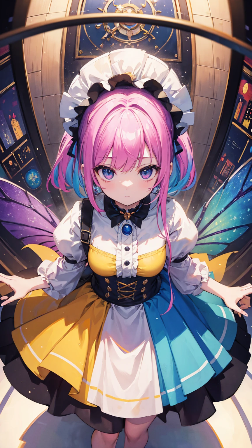 (masterpiece, best quality), (colorful:1.4), from above, solo, 1girl standing in a haunted tower with a spinning wheel and a bag of fairy dust, depth of field, fisheye lens