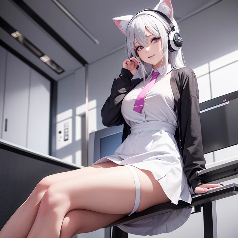 ((best qualtiy)), Beautiful portrait of a genki girl,Sweet girl,White hair,red color eyes,Japanese anime,adolable,Anime figure,detail-rich,show legs,expose feet,without wearing shoes,There is a computer on the desk,Recline on a black gaming chair,Wear cat ear headphones,Facial shyness,White off-the-shoulder coat,flower pots,The whole is pink style,Otaku girl,At home,White transparent stockings
