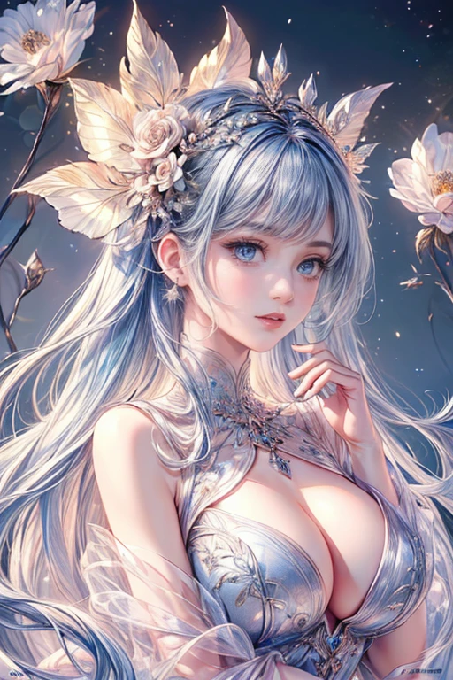 (highest quality,8k,CG,beautiful and detailed upper body,,Thumb Girl,tulle palazzo dress,Floral Background,Complex facial features,Long flowing hair,Almond-shaped eyes,exquisite eye makeup,Long eyelashes fluttering,Blinking big eyes,Starry Sky,Exquisite lip detail,style is soft)