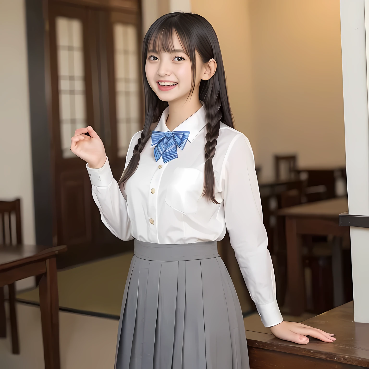 (highest quality、masterpiece:1.2)、highest quality、Realistic、photograph、High resolution、1080p、8K、Fair skin, especially face, Physical Rendering、((Height: 155cm)), one Japanese girl、((((((15 year old beautiful Japanese fashion model)))))), school summer uniform, (((Beautiful girl in the back room))), (((big very detailed beautiful dark brown eyes))), ((((impressive plain blue girly large school ribbon bow tie)))), ((((black very beautiful and very very long braids)))), ((((cute gray box-pleated skirt)))), ((A gray school vest)), ((ivory blouse with puffed short sleeves)), (((((((laughing at me!))))))), Mouth open, detailed fingers, ((curled bangs)), ((Very large and very very very cute eyes of a Japanese girl, drawn with great care and attention to detail.)), double eyelids, Thin eyebrows, ((drooping eyes)), (((very long eyelashes))), ((cute lovely lovely laughing laughing cheeks)), ((Pure white light hits her face from above and in the front, making her skin and eyes shine beautifully.)), ((Strong light hits the nose and cheeks、It brings out the richness of the expression.)), (((((Her facial features are very expressive lovely smile, very very pure, very very intelligent.))))), ((Sitting with knees up)), ((Shooting from the side))