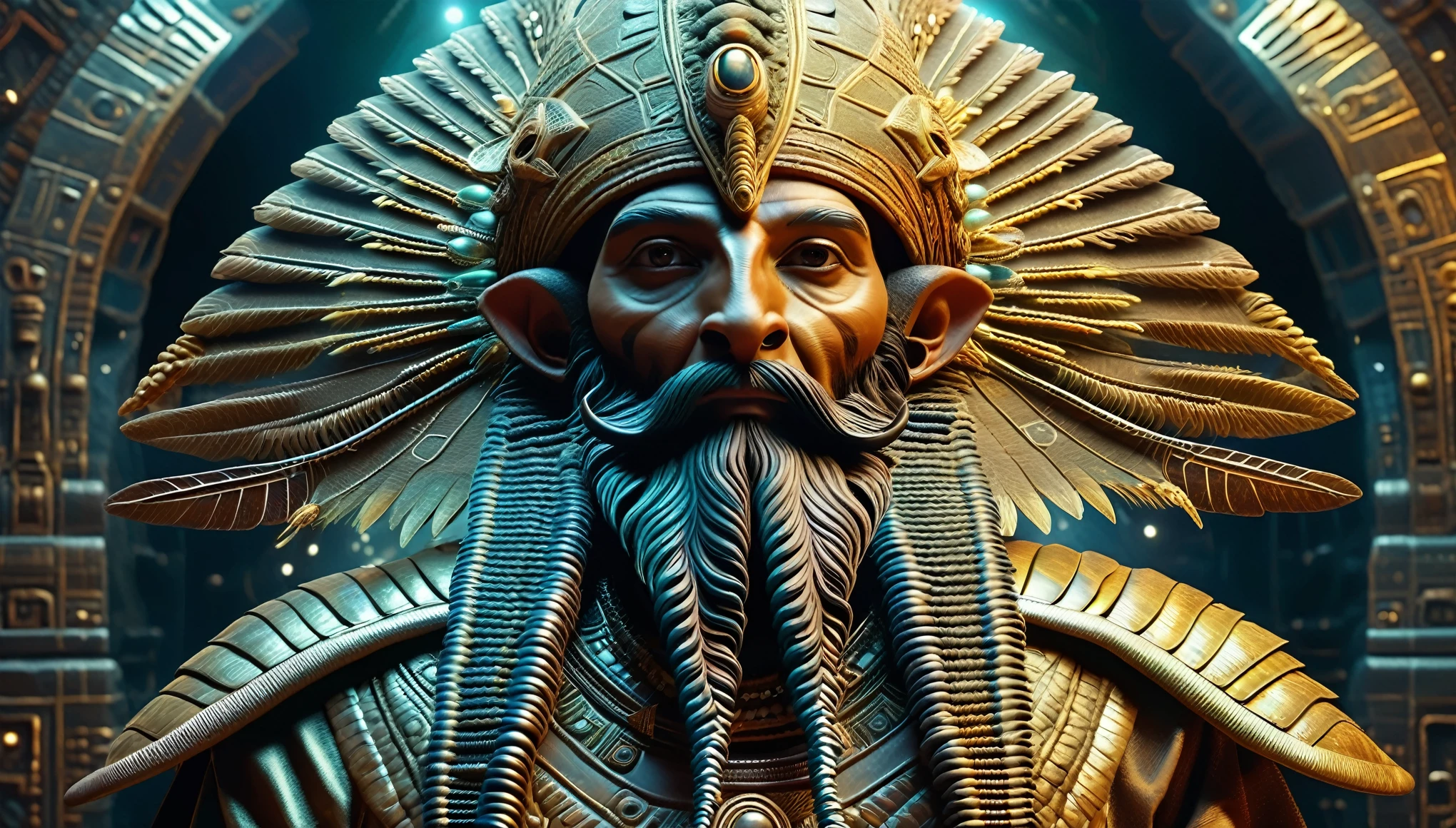 dslr photo of real ancient anunnaki antropomorphic alien sumerian gods, giant, hyper detailed starship interior, they have long curly beards, wings, a pinecone in the hand, and a long hat with sumerian luminescent writing in the hat, hyper detailed hyperreal hypermaximalist
