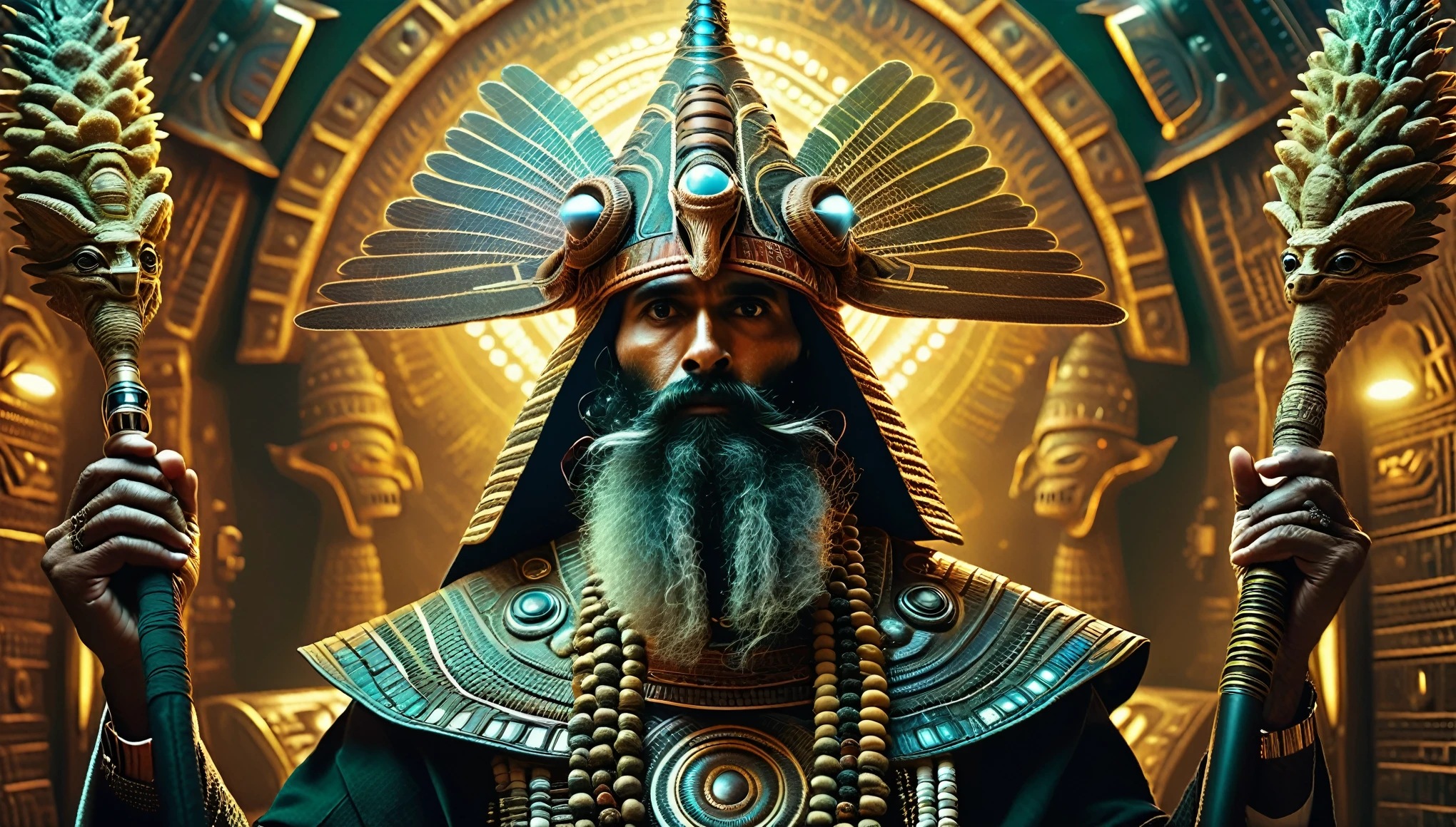dslr photo of real ancient anunnaki antropomorphic alien sumerian gods, giant, hyper detailed starship interior, they have long curly beards, wings, a pinecone in the hand, and a long hat with sumerian luminescent writing in the hat, hyper detailed hyperreal hypermaximalist