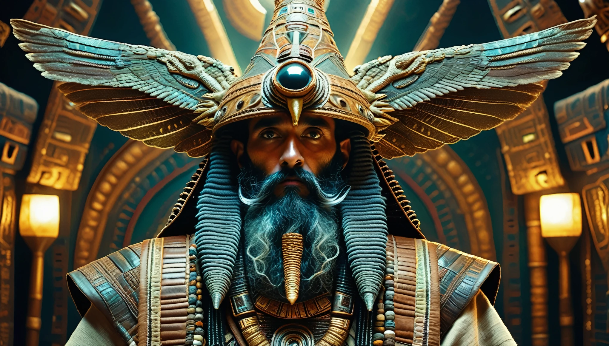 dslr photo of real ancient anunnaki antropomorphic alien sumerian gods, giant, hyper detailed starship interior, they have long curly beards, wings, a pinecone in the hand, and a long hat with sumerian luminescent writing in the hat, hyper detailed hyperreal hypermaximalist
