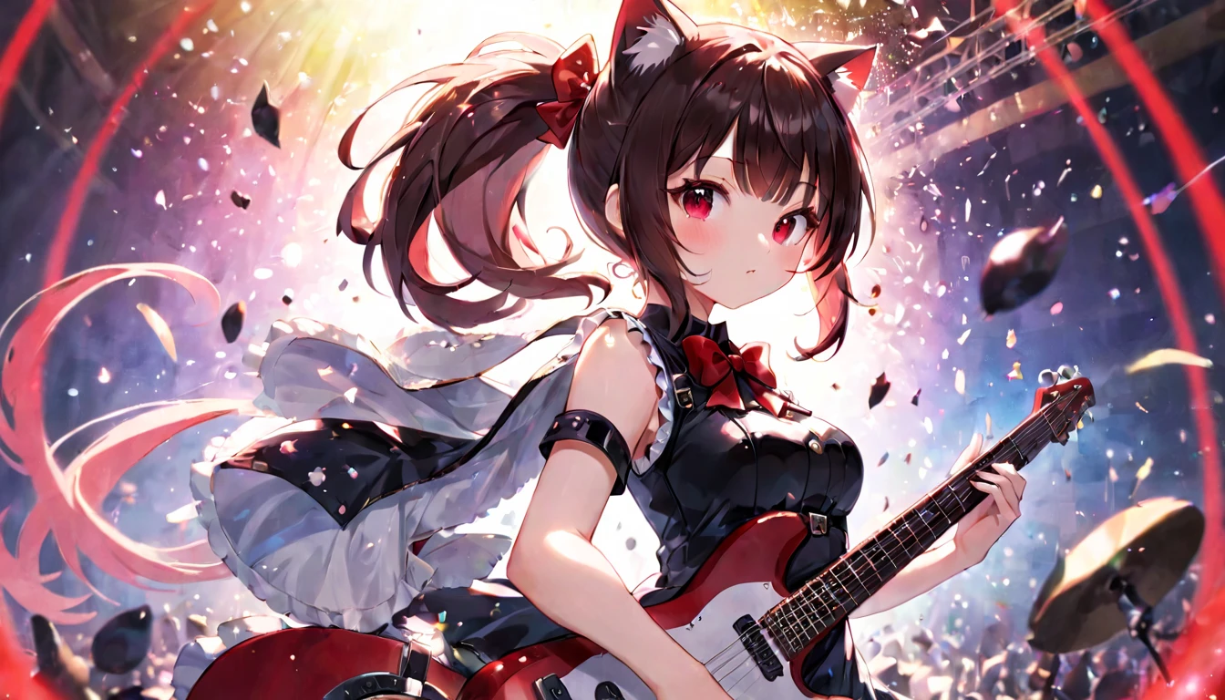(masterpiece, best quality, very aesthetic, absurdres, general), 1 girl, cat ear, short ponytail, cute, kawaii, blunt bangs, short sideburns, red bow, focus on the face, fisheye, guitar,particles of light,long shot,medium breasts,destroy ,BREAK,junk