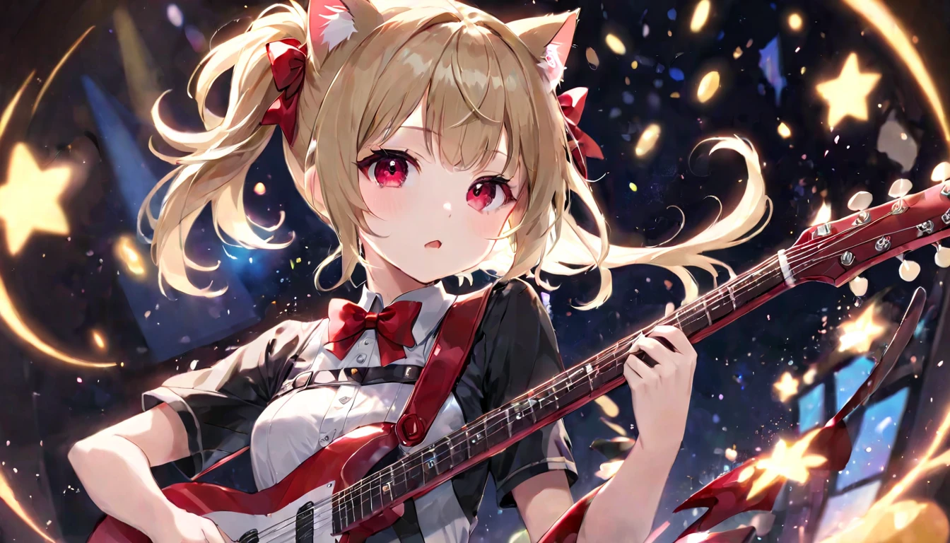 (masterpiece, best quality, very aesthetic, absurdres, general), 1 girl, cat ear, short ponytail, cute, kawaii, blunt bangs, short sideburns, red bow, focus on the face, fisheye, guitar,particles of light,long shot,medium breasts,destroy ,BREAK,junk