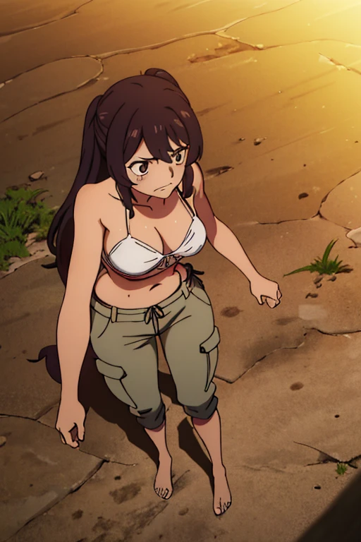 Tanned skinned anime girl, slender yet curved figure, long black wavy hair, wearing a bikini top and cargo pants, extremely hungry and starving, her stomach distended and hands clutched in despair. Her expression is pained and worried, lying on the ground, a punishment for circumstances beyond her control. Ultra-detailed rendering, realistic, 4K resolution, atmospheric lighting, muted earthy tones, textures conveying the girl's tanned and parched skin. The bikini top has intricate patterns, the cargo pants have detailed pockets and folds. Dynamic shadows and soft highlights capture her lean form and amplify