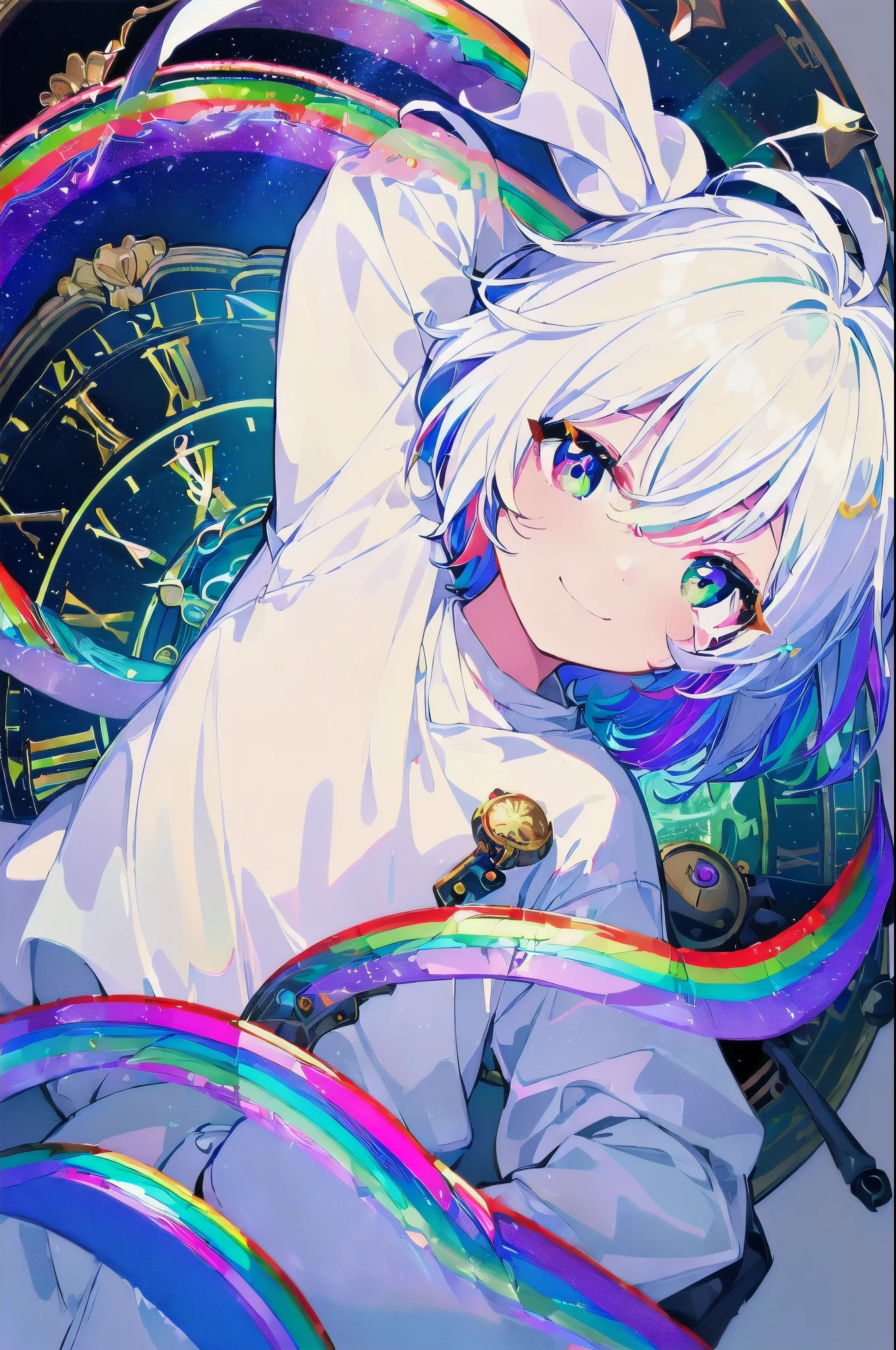 [(WHITE BACKGROUND:1.5)], ((((masterpiece)))), high quality, ultra very high resolution, upper body, large, full color, (((solo))), (((1 little boy))), (white color short hair), ((((rainbow color eye)))), white parka, ((anime style)), smile, (clock rainbow effect:1.4),