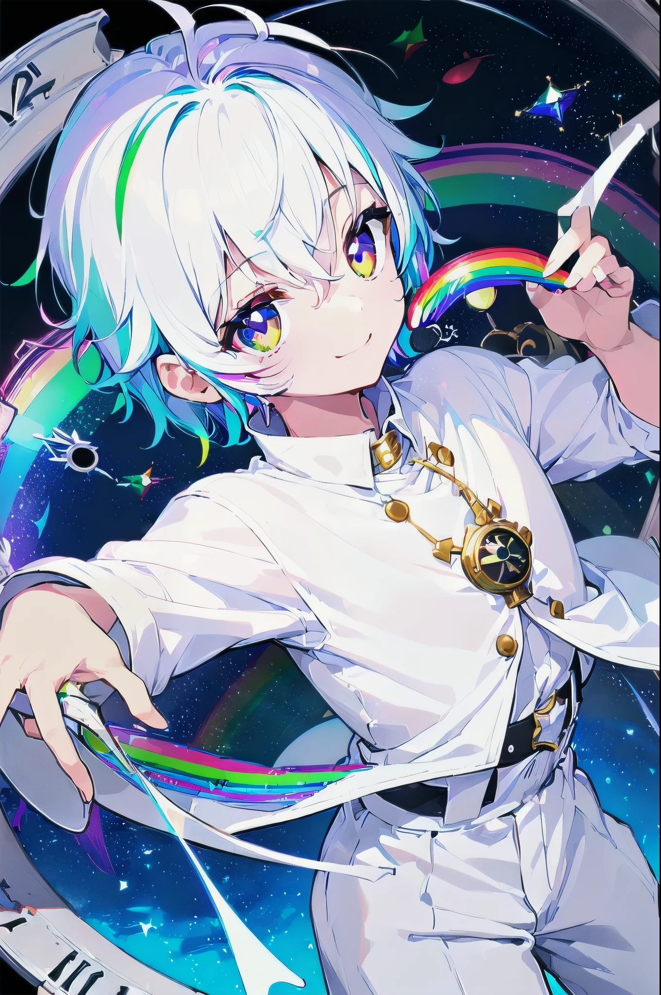 [(WHITE BACKGROUND:1.5)], ((((masterpiece)))), high quality, ultra very high resolution, upper body, large, full color, (((solo))), (((1 ))), (white color short hair), ((((rainbow color eye)))), white parka, ((anime style)), smile, (clock rainbow effect:1.4),