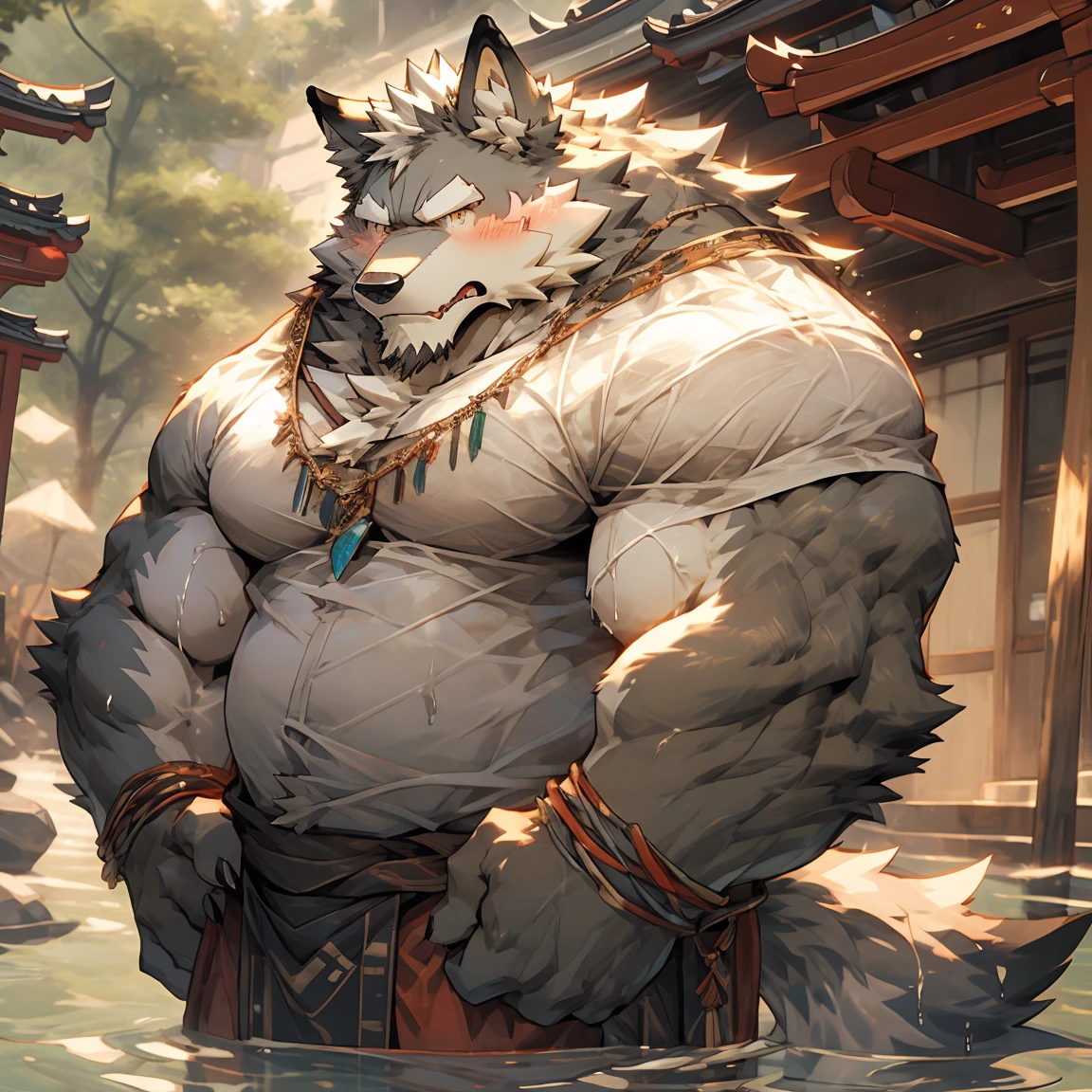 Furry male grey Wolf, Law(sdorica), muscular, Strong build, muscular male, furry, wolf boy, White beard, A thin white beard, by null-ghost, Wearing a Japanese loincloth on the lower body, Full of manliness, The whole body is wet, The upper body is wearing a white shirt, The clothes and loincloth were soaked by water until they were translucent., White shirt unbuttoned to reveal chest muscles, Clothes and loincloths fit tightly against the skin, White tight shirt, Small belly, Muscles are well developed but the belly is fat, Big chest muscles, No NSFW elements, No factors that cause blocking, Sexy but not too sexy, Completely normal, Completely SFW, In the picture from beginning to end, Full body portrait, Through the wet clothes, you can see the slightly fat belly with abdominal muscles, A translucent loincloth that outlines the shape of a penis, Does not contain any pornographic content, Hands on hips, Standing upright, sigh, annoyed, angry, embarrassed, shy, blush, upset, sulking, depressed, frustrated, full-face blush, anger vein, nose blush, excited, saliva trail, skin fang, fang, endured face, moaning, heavy breathing, expressions, bright pupils, flustered, jitome, scowl, tearing up, serious, grimace, fume, facial hair, saliva, frown, tongue, eyeball, tears, aqua eyes, crying with eyes open, glaring, streaming tears, wide eyes, yellow eyes, wide-eyed, grey hair, wet hair, animal ears, wolf ears, tongue out, ear blush, cut-in, UHD, masterpiece, anatomically correct, ccurate, textured skin, super detail, high details, high quality, award winning, best quality, highres, 1080P, 8k,One portrait,individual,Detailed eyes, Detailed body, Detailed background, Real and detailed background, Any content that may result in being blocked,Wearing a white shirt and a Japanese loincloth, Not any other clothes,Wearing a white shirt and a Japanese loincloth, Not any other clothes