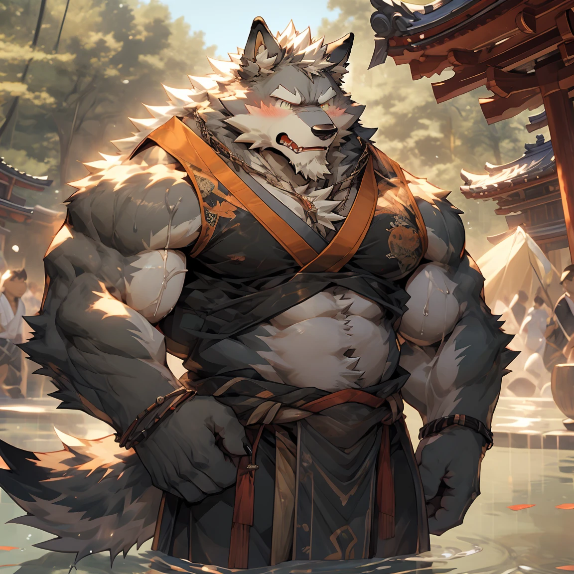 Furry male grey Wolf, Law（sdorica）, muscular, Strong build, muscular male, furry, wolf boy, White beard, A thin white beard, by null-ghost, Wearing a Japanese loincloth on the lower body, Full of manliness, The whole body is wet, The upper body is wearing a white shirt, The clothes and loincloth were soaked by water until they were translucent., White shirt unbuttoned to reveal chest muscles, Clothes and loincloths fit tightly against the skin, White tight shirt, Small belly, Muscles are well developed but the belly is fat, Big chest muscles, No NSFW elements, No factors that cause blocking, Sexy but not too sexy, Completely normal, Completely SFW, In the picture from beginning to end, Full body portrait, Through the wet clothes, you can see the slightly fat belly with abdominal muscles, A translucent loincloth that outlines the shape of a penis, Does not contain any pornographic content, Hands on hips, Standing upright, sigh, annoyed, angry, embarrassed, shy, blush, upset, sulking, depressed, frustrated, full-face blush, anger vein, nose blush, excited, saliva trail, skin fang, fang, endured face, moaning, heavy breathing, expressions, bright pupils, flustered, jitome, scowl, tearing up, serious, grimace, fume, facial hair, saliva, frown, tongue, eyeball, tears, aqua eyes, crying with eyes open, glaring, streaming tears, wide eyes, yellow eyes, wide-eyed, grey hair, wet hair, animal ears, wolf ears, tongue out, ear blush, cut-in, UHD, masterpiece, anatomically correct, ccurate, textured skin, super detail, high details, high quality, award winning, best quality, highres, 1080P, 8k，One portrait，individual，Detailed eyes, Detailed body, Detailed background, Real and detailed background, Any content that may result in being blocked，Wearing a white shirt and a Japanese loincloth, Not any other clothes，Wearing a white shirt and a Japanese loincloth, Not any other clothes