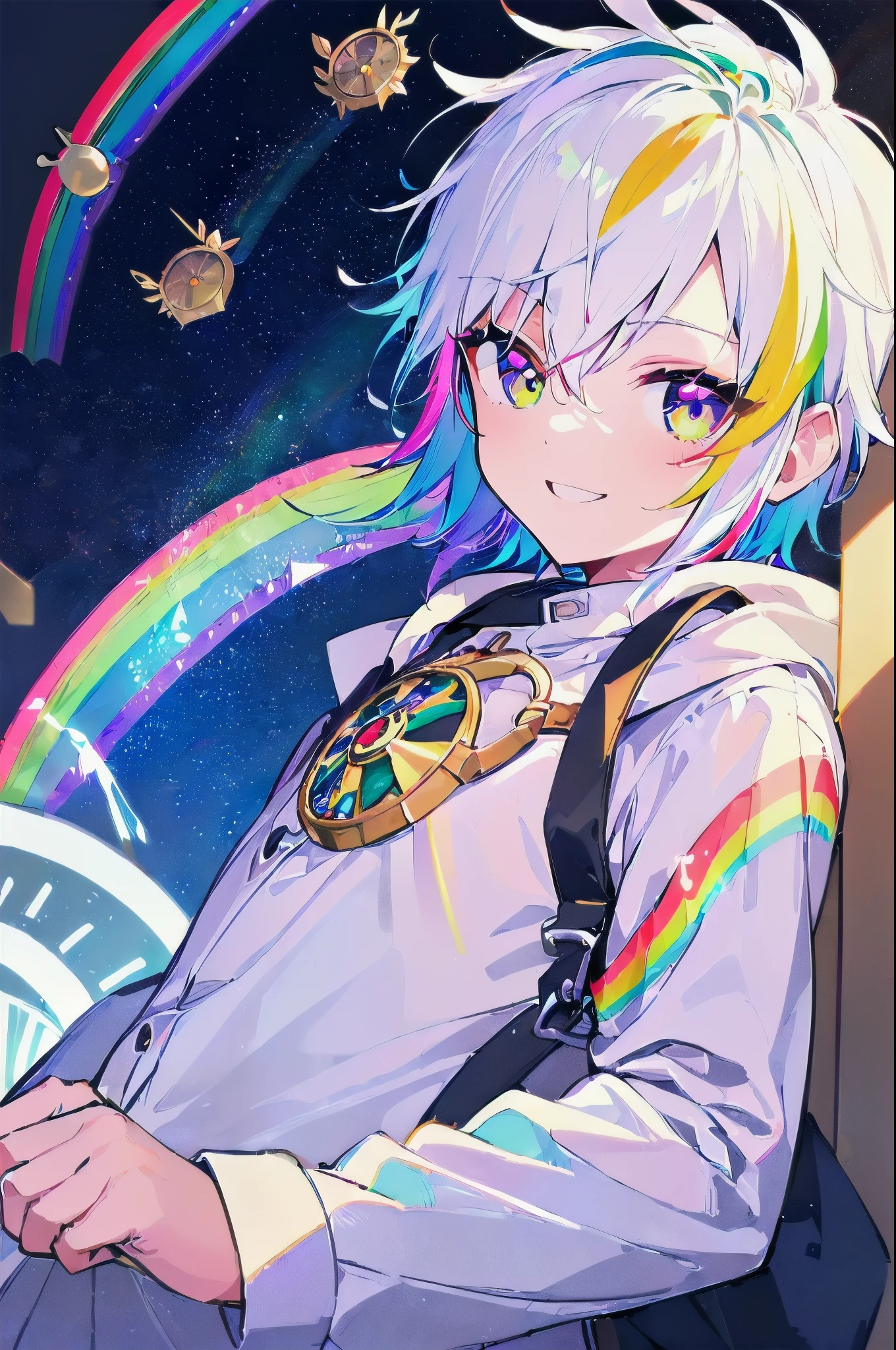 [(WHITE BACKGROUND:1.5)], ((((masterpiece)))), high quality, ultra very high resolution, upper body, large, full color, (((solo))), (((1 little boy))), (white color short hair), ((((rainbow color eye)))), white parka, ((anime style)), smile, (clock rainbow effect:1.4),