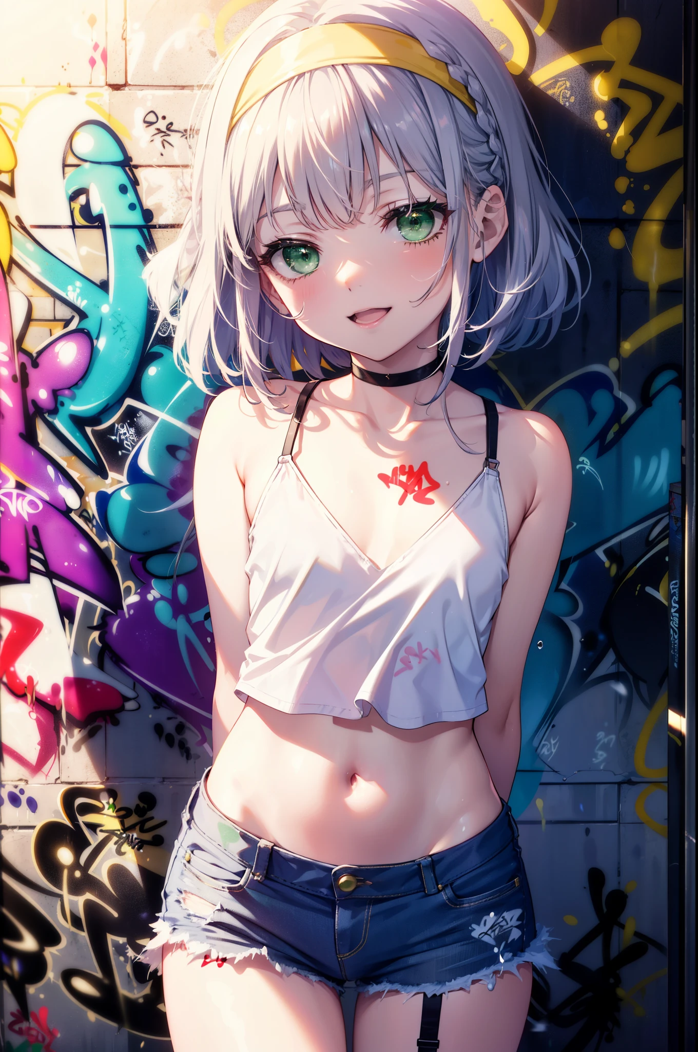 index, index, (Green Eyes:1.5), Silver Hair, Long Hair, (Flat Chest:1.2),happy smile, smile, Open your mouth,short braided hair,Headlock,Yellow Headband Belly Button Tank Top,Denim shorts, choker, (graffiti:1.5), Paint splashes, Put your arms behind your back, Against the wall, Looking at the audience , Thigh straps, Tilt your head, was bored,break outdoors, alley,break looking at viewer, (Cowboy Shot:1.5), break (masterpiece:1.2), highest quality, High resolution, unity 8k wallpaper, (shape:0.8), (Beautiful and detailed:1.6), Highly detailed face, Perfect lighting, Highly detailed CG, (Perfect hands, Perfect Anatomy),
