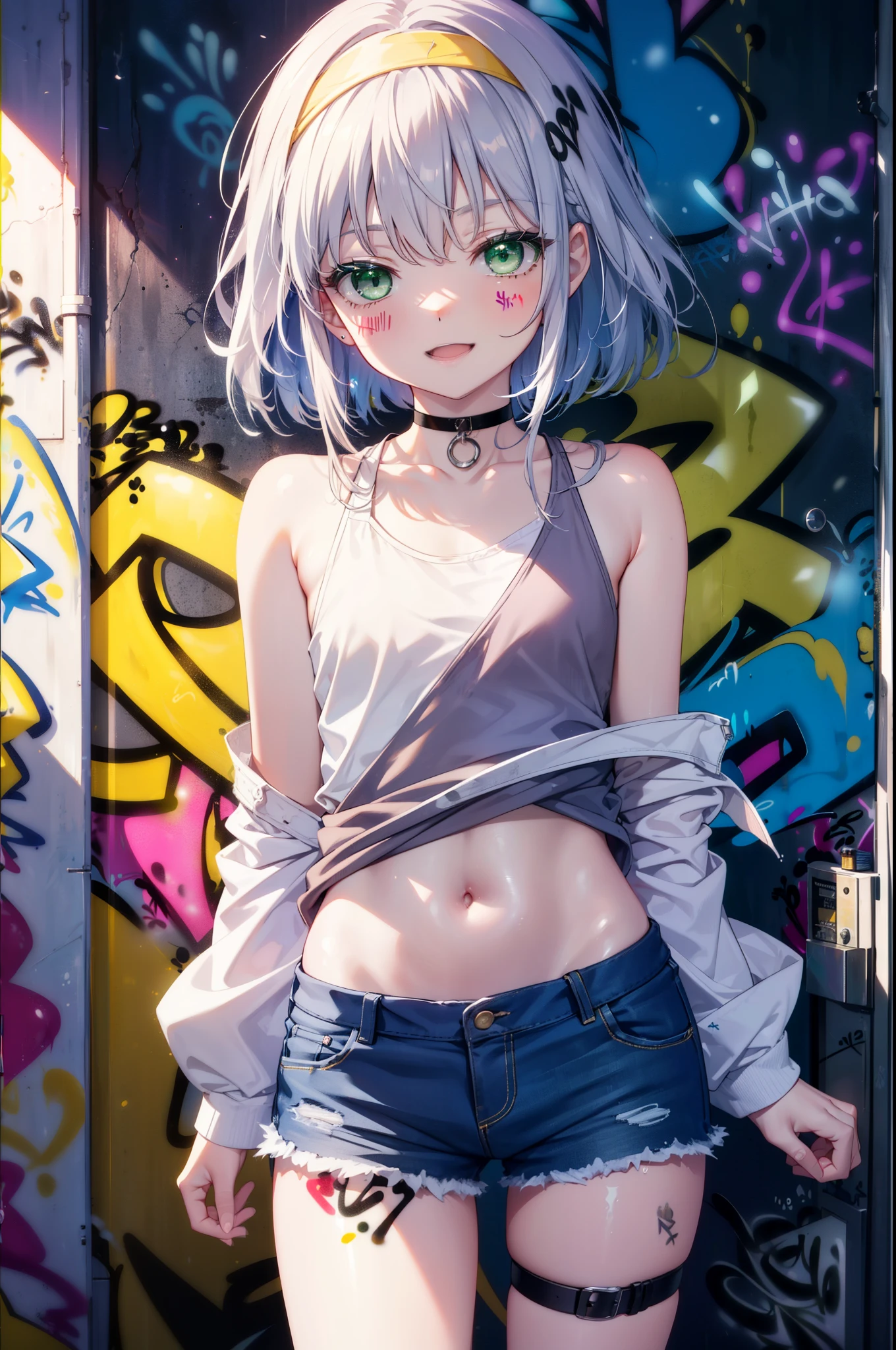 index, index, (Green Eyes:1.5), Silver Hair, Long Hair, (Flat Chest:1.2),happy smile, smile, Open your mouth,short braided hair,Headlock,Yellow Headband Belly Button Tank Top,Denim shorts, choker, (graffiti:1.5), Paint splashes, Put your arms behind your back, Against the wall, Looking at the audience , Thigh straps, Tilt your head, was bored,break outdoors, alley,break looking at viewer, (Cowboy Shot:1.5), break (masterpiece:1.2), highest quality, High resolution, unity 8k wallpaper, (shape:0.8), (Beautiful and detailed:1.6), Highly detailed face, Perfect lighting, Highly detailed CG, (Perfect hands, Perfect Anatomy),