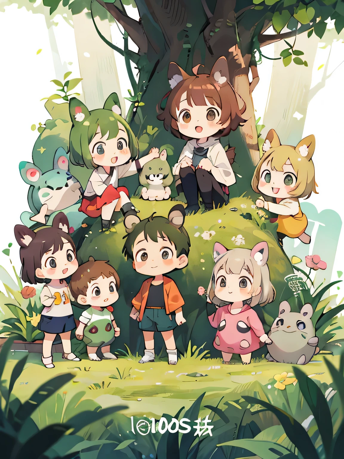 My Neighbor Totoro Style, Kawaii Design, (((10 people)))、most beautiful girl ever、Chibi, Colorful bob hair、((Lots of friends))、Totoro Forest