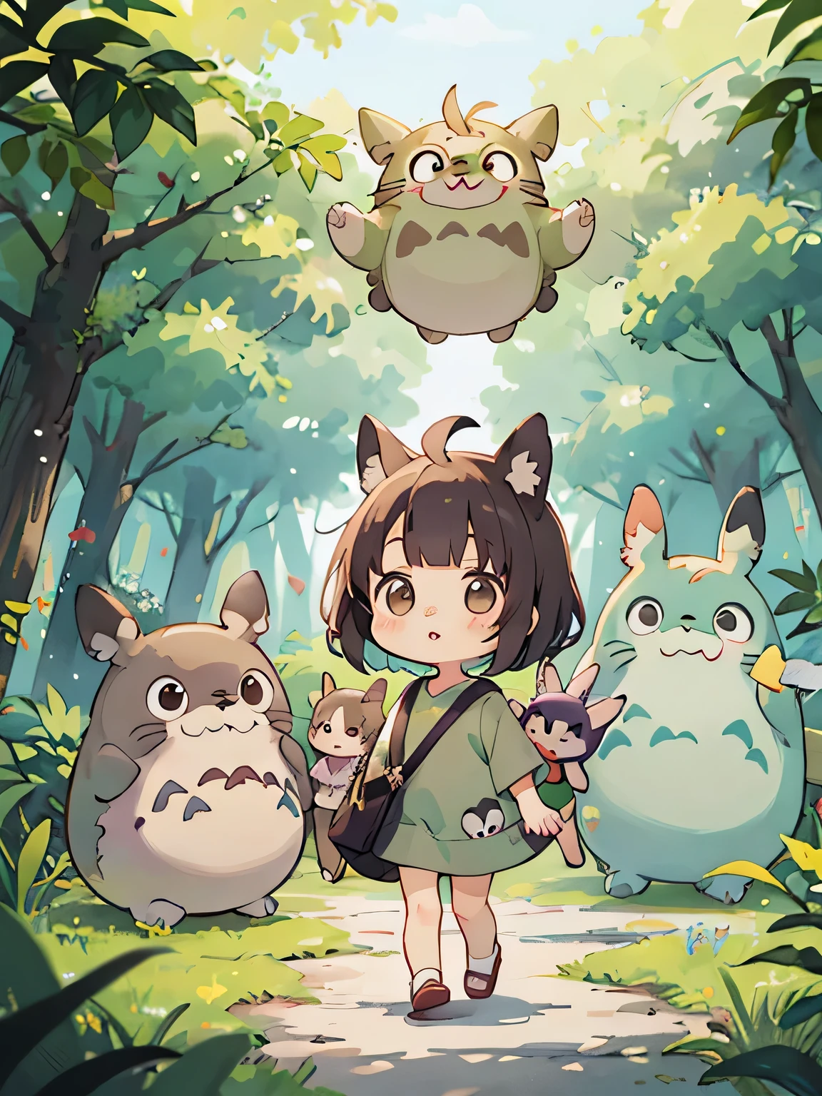 My Neighbor Totoro Style, Kawaii Design, (((10 people)))、most beautiful girl ever、Chibi, Colorful bob hair、((Lots of friends))、Totoro Forest