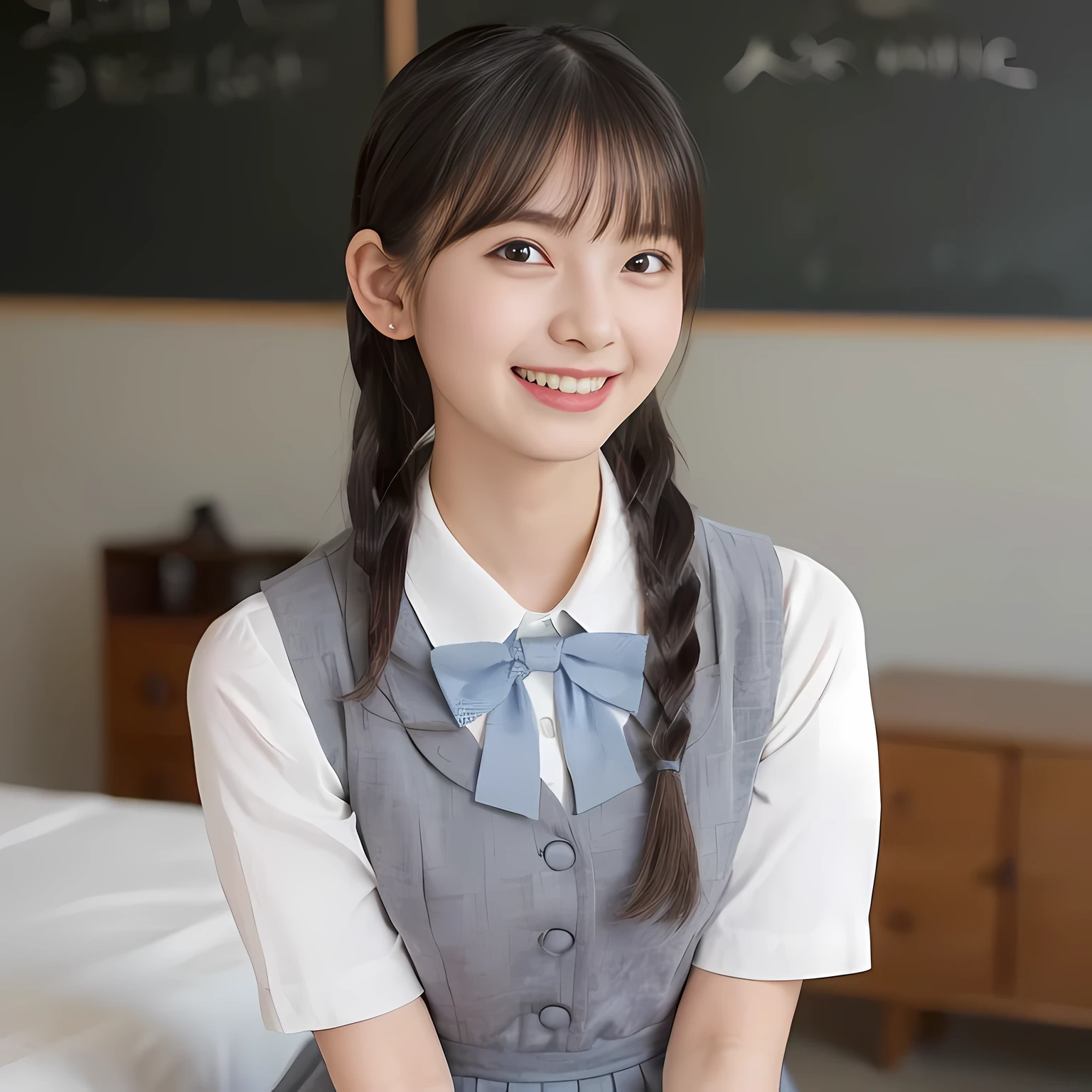 (highest quality、masterpiece:1.2)、highest quality、Realistic、photograph、High resolution、1080p、8K、Fair skin, especially face, Physical Rendering、((Height: 155cm)), one Japanese girl、((((((15 year old beautiful Japanese fashion model)))))), school summer uniform, (((Beautiful girl in the back room))), (((big very detailed beautiful dark brown eyes))), ((((impressive plain blue girly large school ribbon bow tie)))), ((((black very beautiful and very very long braids)))), ((((cute gray box-pleated skirt)))), ((A gray school vest)), ((ivory blouse with puffed short sleeves)), (((((((laughing at me!))))))), Mouth open, detailed fingers, ((curled bangs)), ((Very large and very very very cute eyes of a Japanese girl, drawn with great care and attention to detail.)), double eyelids, Thin eyebrows, ((drooping eyes)), (((very long eyelashes))), ((cute lovely lovely laughing laughing cheeks)), ((Pure white light hits her face from above and in the front, making her skin and eyes shine beautifully.)), ((Strong light hits the nose and cheeks、It brings out the richness of the expression.)), (((((Her facial features are very expressive lovely smile, very very pure, very very intelligent.))))), ((sitting with knees up on the bed)), ((Shooting from the side))