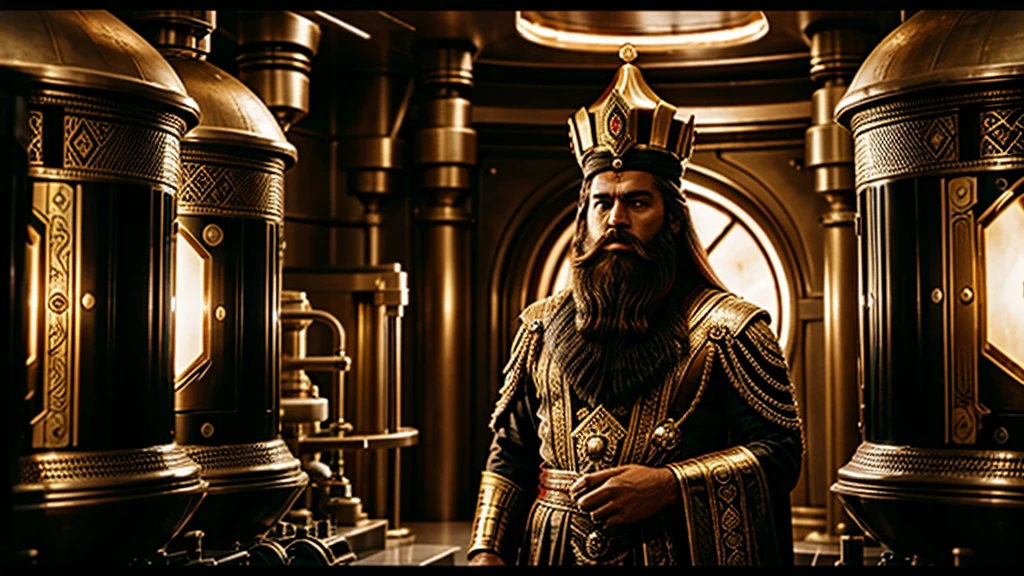 35 mm film, cinematic, Anunnaki in starship In the image, there is a man dressed in ornate regal attire with a large beard and a tall crown-lodge-hat. He stands in front of a laboratory with several machines and tanks with neanderthal-human hybrids genetic experiments