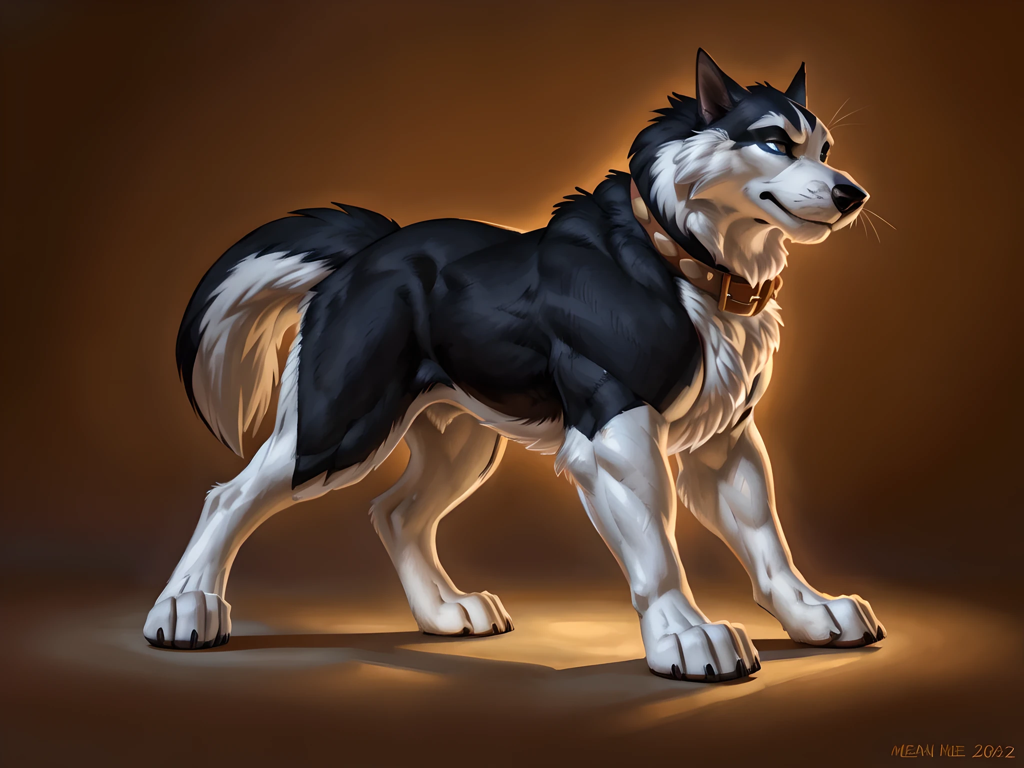 Steele_\(Balto\), 4k, high resolution, best quality, detailed, posted on e621, solo, (feral body, feral, quadruped, wide chest, pectorals):1.5, older male, masculine, male, very masculine, (very muscular, defined muscles, heavyweight, muscular front legs, muscular hind legs, muscular neck):1.2, (plain background:1.1), correct anatomy, paws, (blue eyes, detailed eyes:1.1), sexy, (cel shaded, cartoony shading, strong shadows, dramatic lighting):1.3, confident, (by wfa, by takemoto arashi, by meesh, by Taran Fiddler), strong, big collar, detailed collar, husky tail