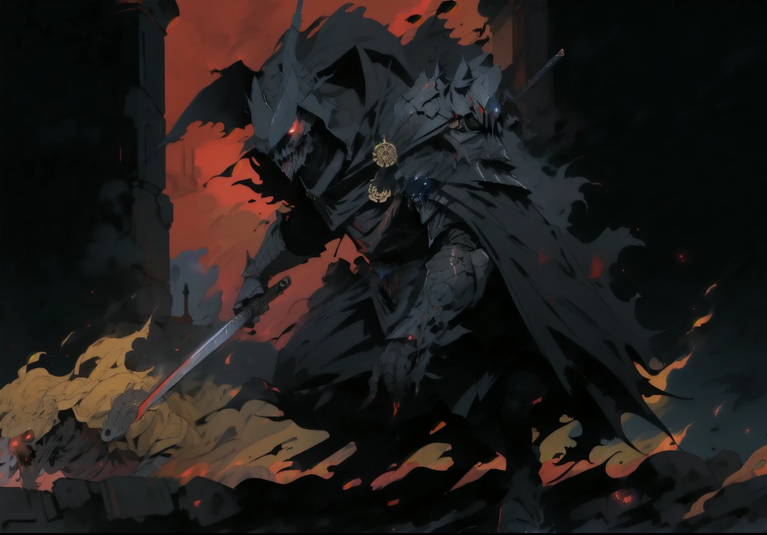 full body warrior of darkness in black cloth armor clad in shadow dark mist has red eyes with a thing red mist running from the side of his eyes upwards masked face wielding a stylized katana angrey look blood stained cape right shoulder on black fire cloth mask revealing angrey eyes, with huge red and black angle wings,
standing behind huge golden gates