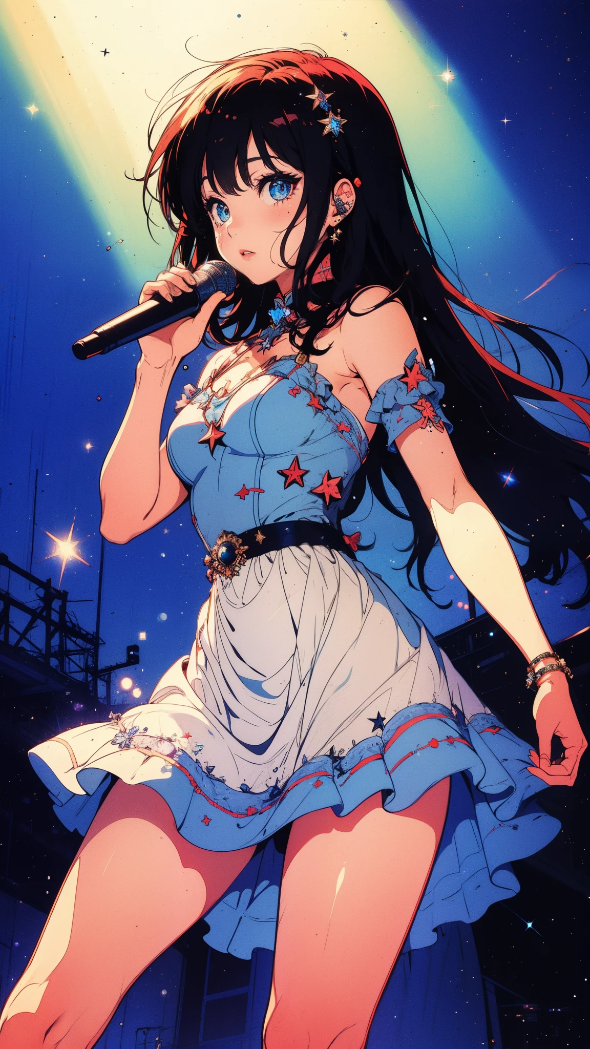 1 girl, One, Best quality, masterpiece , rubi hoshino,  hair ornament, sparkling eyes, A star in the eye, (A star on the right eye:1), (dress:1.4), (Concert1), to the scenes,