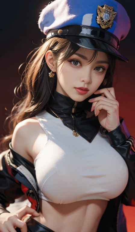 background, (Wearing a policewoman uniform and hat: 1.4), Good hands, 4K, High resolution, masutepiece, Best Quality, Head: 1.3, ((Hasselblad photo)), Fine skin, Clear focus, (Cinematic lighting), Soft lighting, Dynamic Angle, [:( Detailed face: 1.2): 0.2], medium breasts, breasts, (((Inside the mansion))), (Chest exposed: 1.1), 1 girl, Jewelry, earrings, orange_skyporn, Solo, Mole, long_hair, Mole_Under_eye, The upper part of the body_Body, greys_Eyes, up looking_in_viewer,, Brunet, Fashion, (Head tilt: 1.4),  background, Red background,