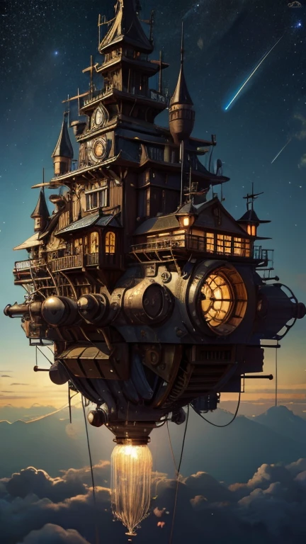 (((Masterpiece))), (((high resolution))), Background picture, starry sky, steampunk, floating building, vapor, (large propellers), driving wheels