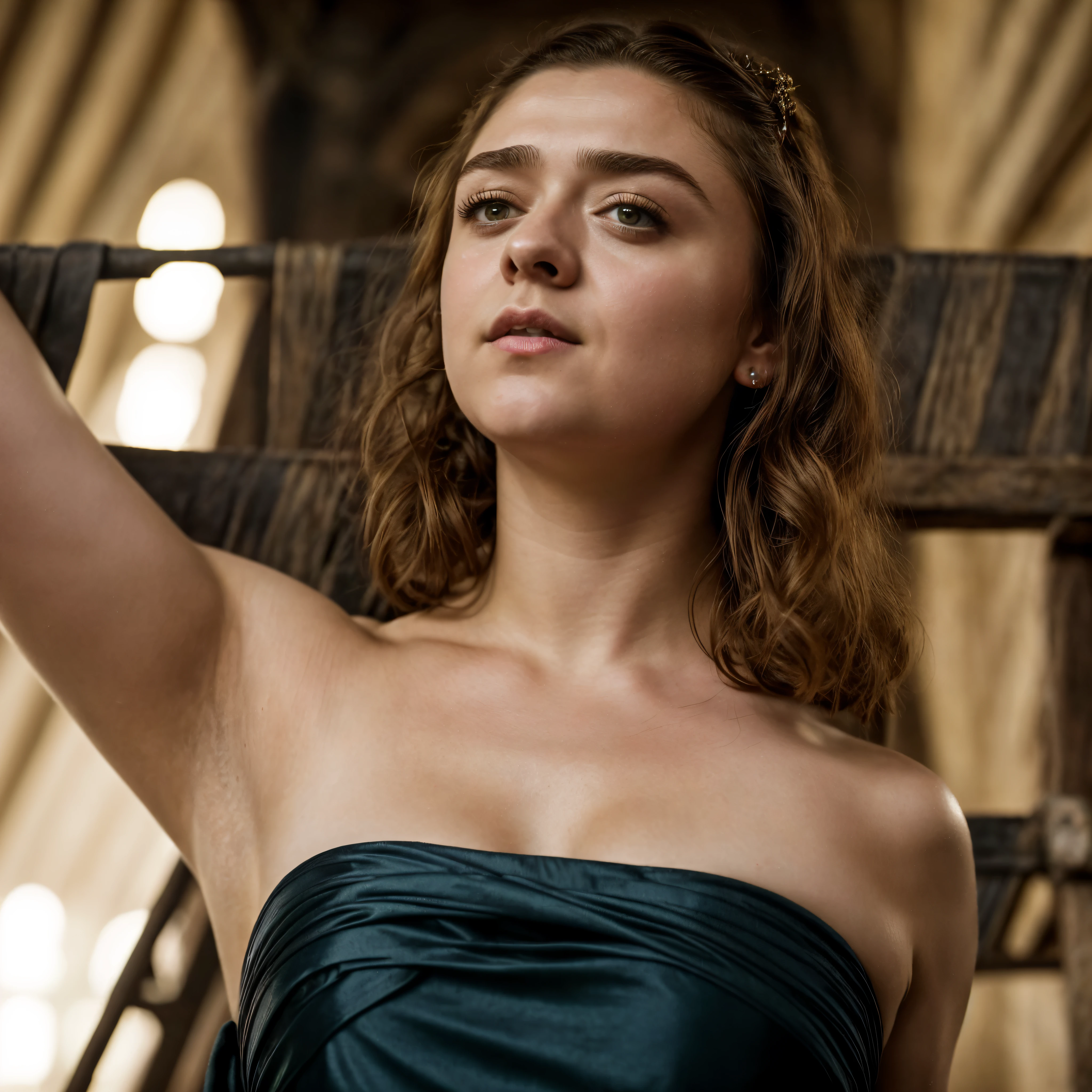 Foto RAW, Arya Stark, Extremely gorgeous lady, Arya Stark PLAYED BY MAISIE WILLIAMS, Queen Arya Stark, she is a mature woman now, milf, pierced eyes, sexy mediaeval battle dress, gladiator woman, body, 45 years old Woman, body revealing costumes, perky breast, big natural breast, erotic costumes, lusty physique, seductive figure can capture every people's attention, Game of thrones costumes, revealing captivating figure, Mediaeval costumes, revealing clothes, A tomboy, she would rather fence than dance, warrior queen , game of thrones screen caps, Game of Thrones Series, (pele altamente detalhada: 1.2), 8k UHD, DSLR, soft-lighting, alta qualidade, grain of film, Fujifilm XT3, flawless picture, highly detailed, detailed Beauty, intricate, 32k, sharp picture, detailed armpits, armpits hair, armps up, arms wide open, sweaty body, sweat,