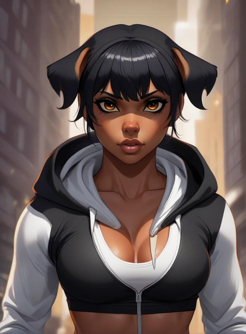 Cinematic close-up, strong posture, intimidating expression, An anthropomorphic female rottweiler, wearing right black yoga pants and a partially zipped hoodie over a white sports bra. 