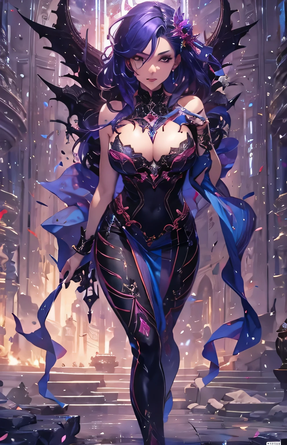((highest quality)), ((masterpiece)), (Get used to it), Perfect Face , beautiful girl , devil , purple , Mid-chest , shoulders protruding , I can see her cleavage ,