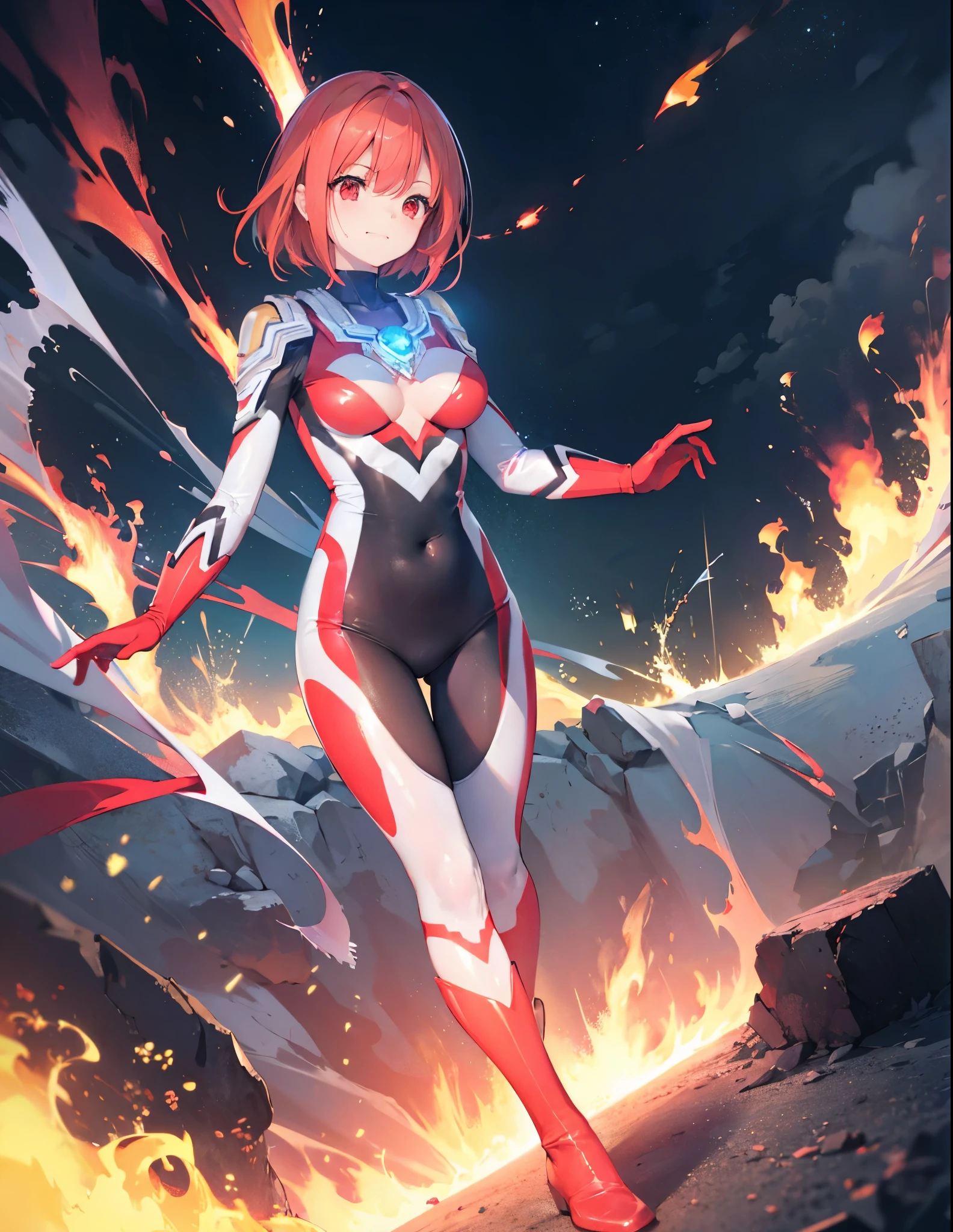 Realistic,highest quality, Ultra Detail, High-quality CG rendering, The most delicate and beautiful, Floating softly, High resolution, (One giant woman), (Highest quality,4K,8K,masterpiece:1.2),(All red hair:1.5),(Medium Hair:1.5),(Red eyes:1.5),(ultra girl :1.0), (Red Ultraman bodysuit:1.4),Slightly larger breasts,Red gloves,Red Shoes,(Red glowing chest gem:1.5),panicked face,The city is engulfed in flames
