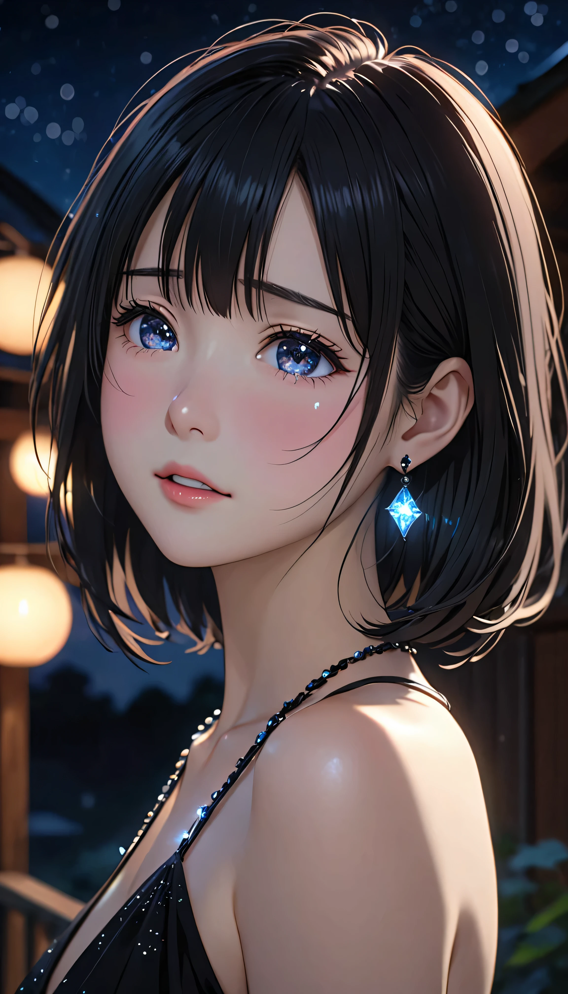 National Science Foundation,masterpiece,High resolution,8K,Art,digit,Kyoto Animation Style,your name movie style,Facing the camera,night,midnight,Soft Light,Glowing skin,(1 female: 1.3),(alone: 1.4),(((long black hair))),(No clothing is drawn on the upper body),(crystal hairpin),(black crystal necklace),(black crystal earrings),Long eyelashes,short bob,sexy pose,Close-up of upper body,Close-up,close view,nightstarry sky,Eyes as deep as the starry sky,Blushed,shy,shy,open mouth,(((cry))),(((shed tears)))