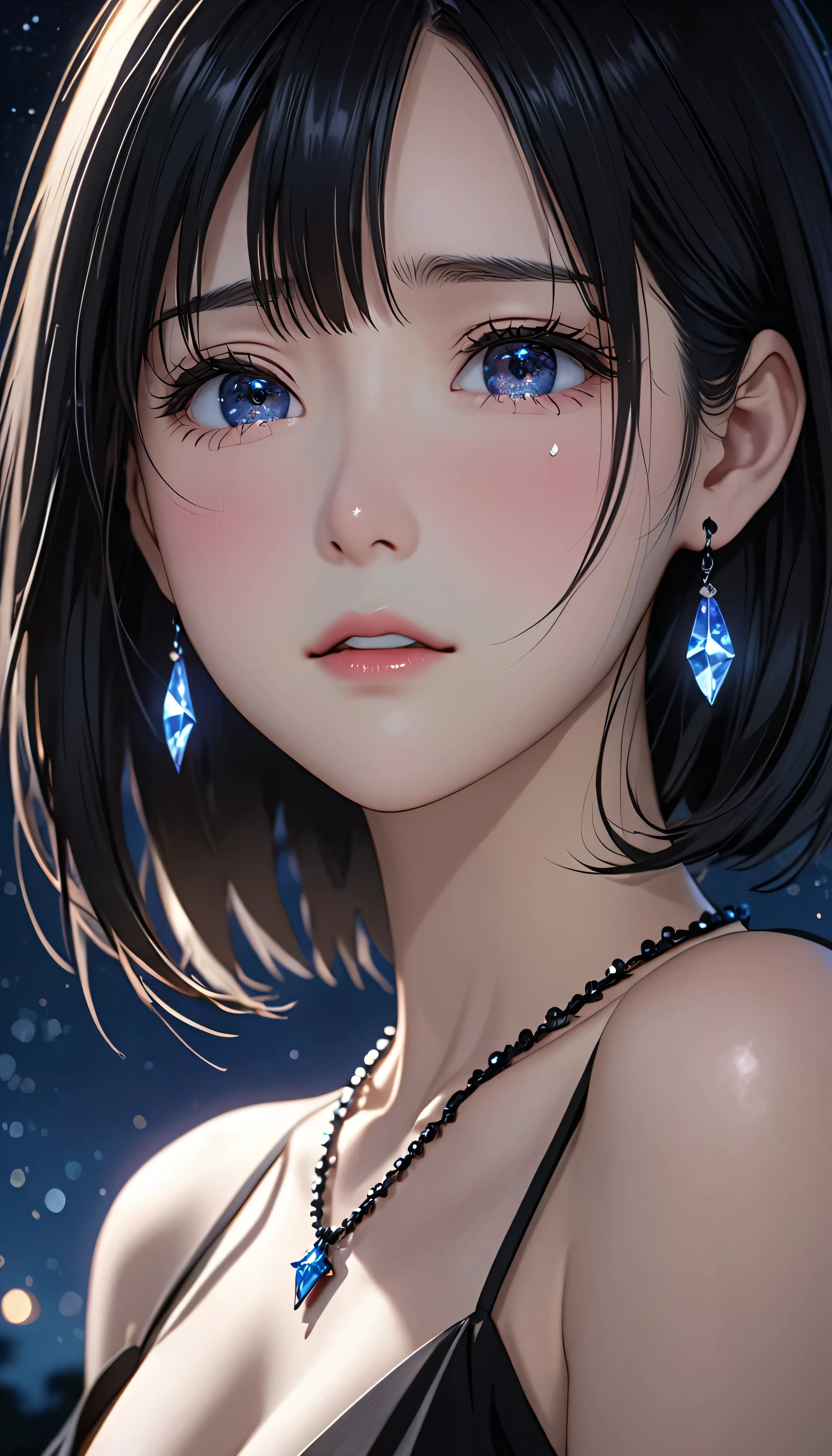 National Science Foundation,masterpiece,High resolution,8K,Art,digit,Kyoto Animation Style,your name movie style,Facing the camera,night,midnight,Soft Light,Glowing skin,(1 female: 1.3),(alone: 1.4),(((long black hair))),(No clothing is drawn on the upper body),(crystal hairpin),(black crystal necklace),(black crystal earrings),Long eyelashes,short bob,sexy pose,Close-up of upper body,Close-up,close view,nightstarry sky,Eyes as deep as the starry sky,Blushed,shy,shy,open mouth,(((cry))),(((shed tears)))
