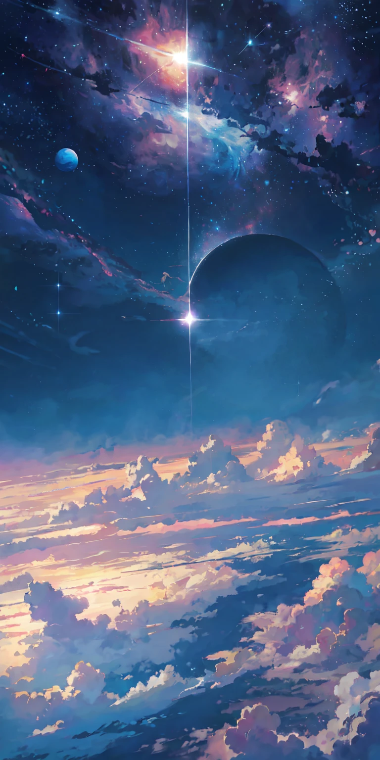 anime - style scene of a beautiful sky with a star and a planet, cosmic skies. por Makoto Shinkai, papel de parede de arte de anime 4k, papel de parede de arte de anime 4k, papel de parede de arte de anime 8k, papel de parede de anime 4k, papel de parede de anime 4k, papel de parede de anime 4k, anime sky, amazing wallpaper, fundo de anime, planet sky in the background, fundo de anime art